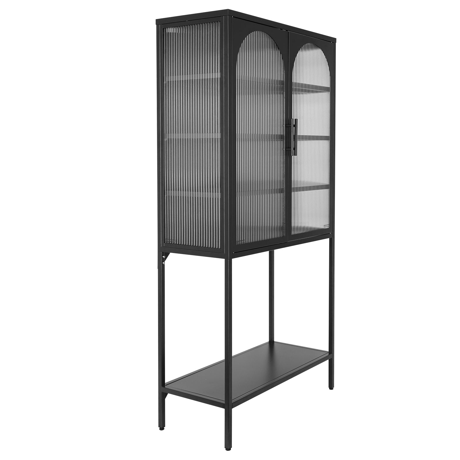 Elegant Floor Cabinet With 2 Glass Arched Doors Living Room Display Cabinet With Adjustable Shelves Anti Tip Dust Free Easy Assembly Black Black Tempered Glass Sheet Metal Plastic