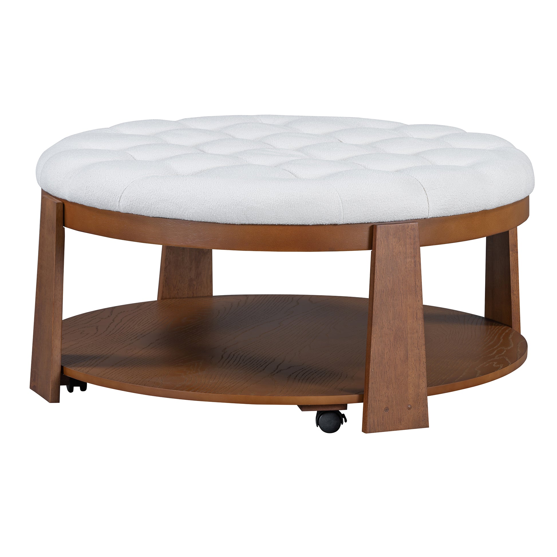 Modern Large Round Ottoman Coffee Table 2 Tier Oversized Button Tufted Ottoman With Wood Shelf Storage Upholstered Coffee Table For Living Room Footrest Ottoman With Wheel, Waterproof Linen Ivory White Rubber Wood