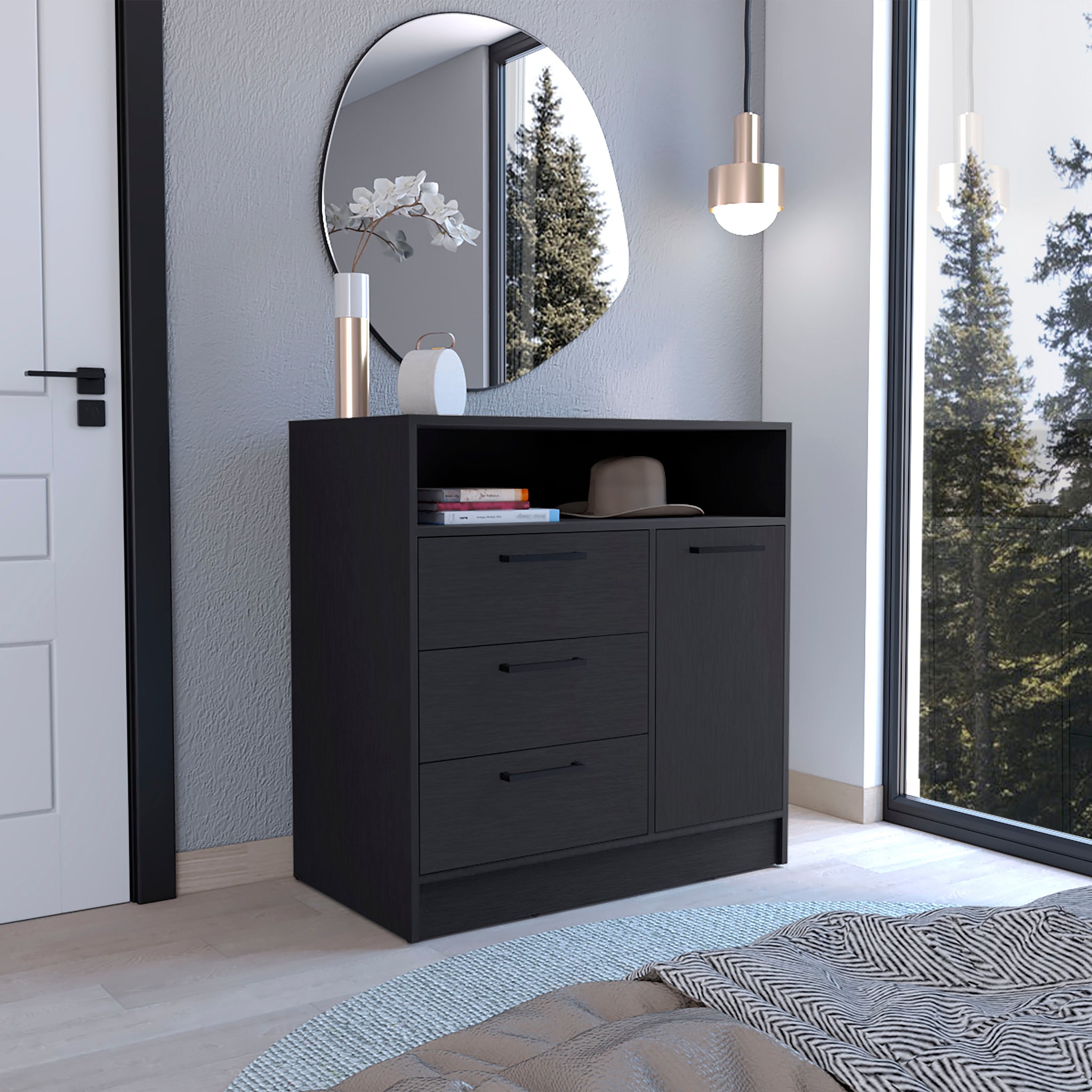 Omaha Dresser Multi Storage Compact Unit With Spacious 3 Drawers And Cabinet Black Black Particle Board