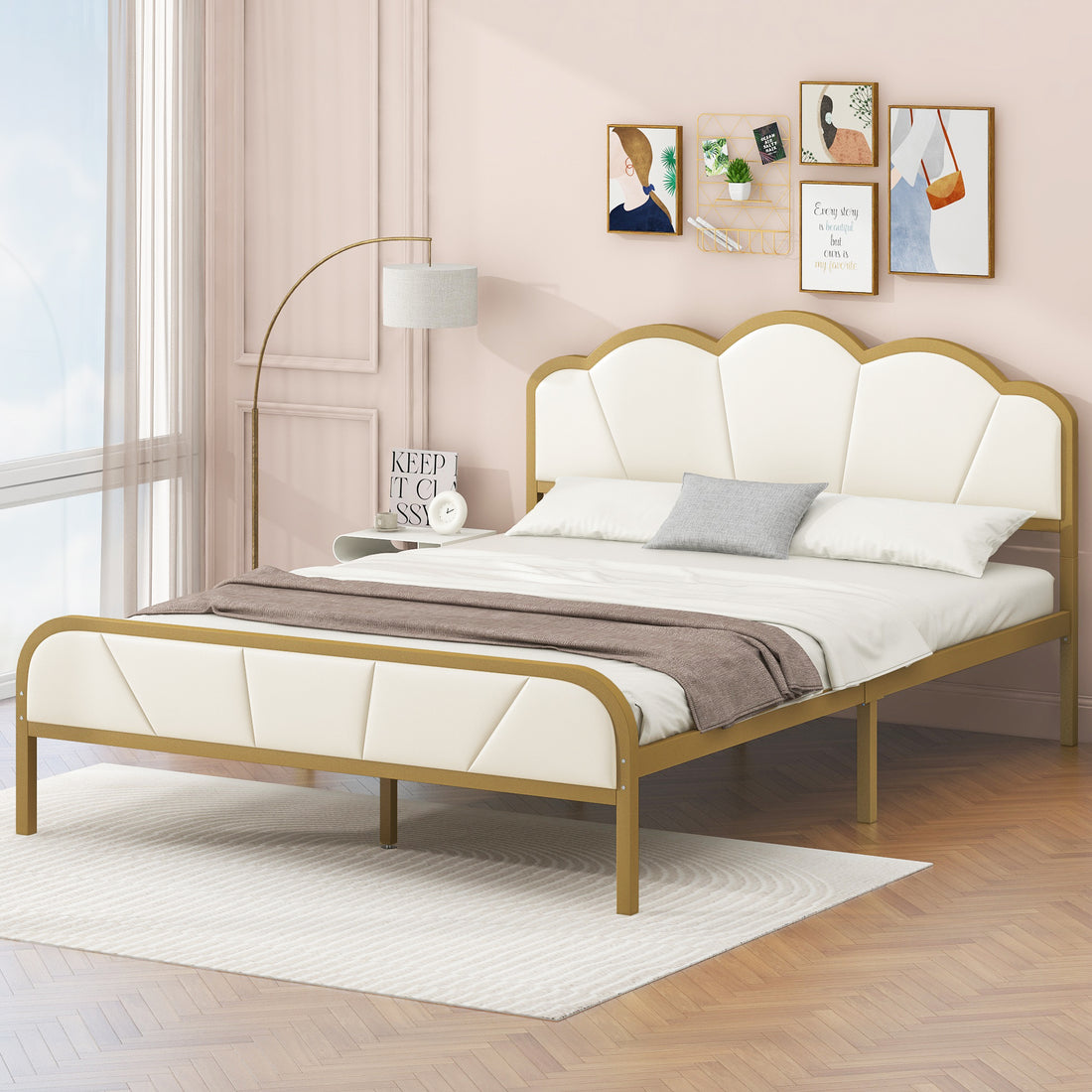 Full Size Metal Platform Bed With Upholstered Headboard And Footboard Box Spring Not Required Full Gold White Metal Bedroom Bed Frame Metal