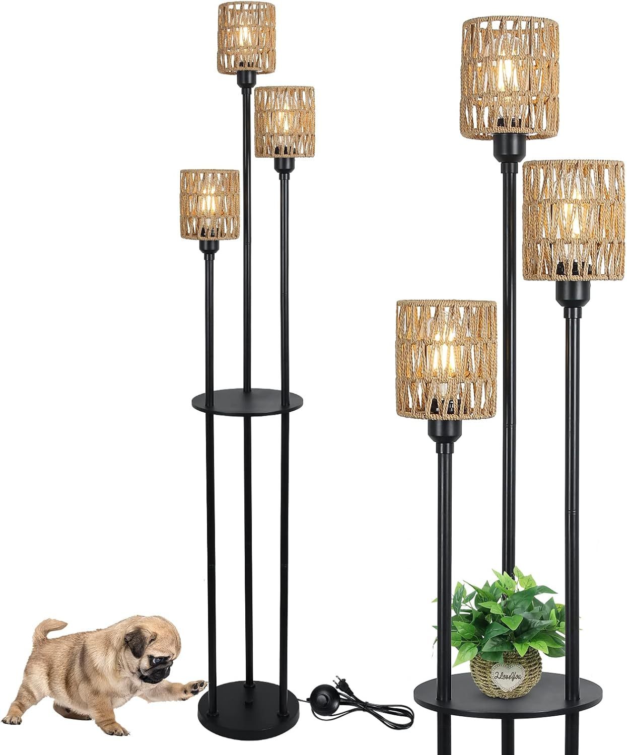 Boho Floor Lamp With Shelves, 3 Lights Farmhouse Tall Floor Lamp With On Off Foot Switch, Rustic Standing Lamp With Rattan Shades For Living Room Bedroom Office Brown Black Rattan Metal