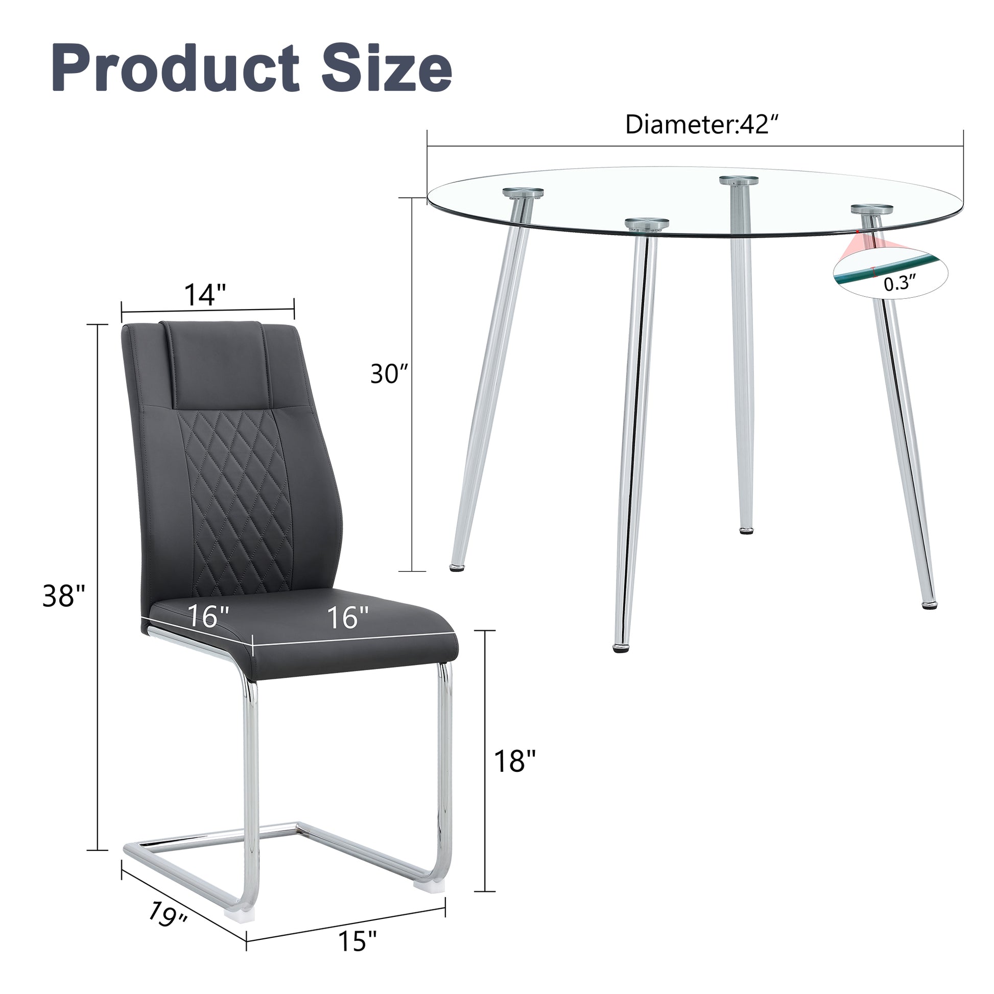 Table And Chair Set.A Modern Minimalist Round Dining Table With Transparent Tempered Glass Top And Silver Metal Legs,And 4 Chairs With Pu Backrest And Seat Cushion And Silver C Tube Metal Legs. Black,Transparent Seats 4 Glass Metal