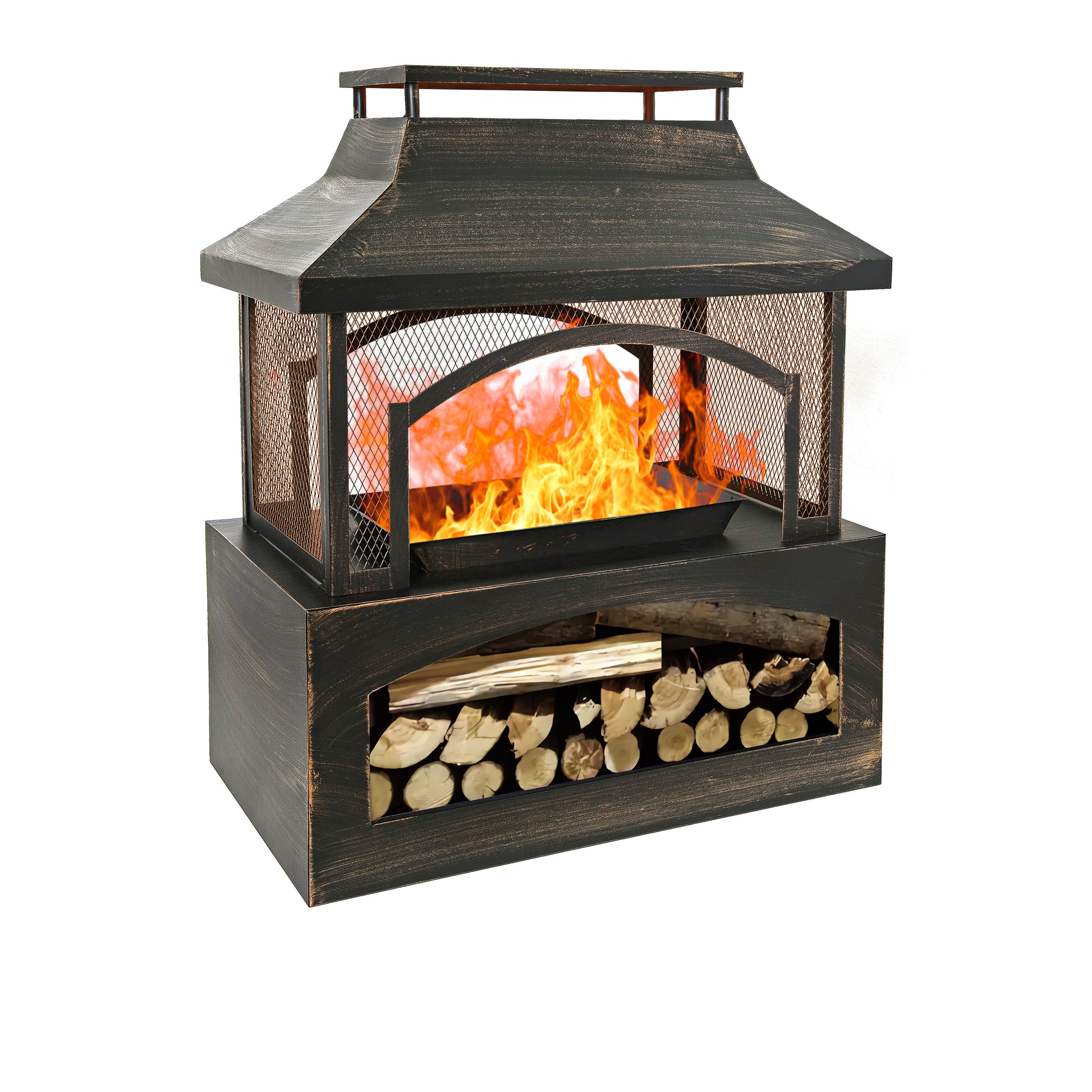 37 Inch Rectangular Metal Outdoor Wood Burning Fireplace Outdoor Fireplace With Built In Log Storage And Poker Brushed Bronze,Log Burner Fire Pit For Patio Garden And Backyard Antique Brass Garden & Outdoor Antique Steel