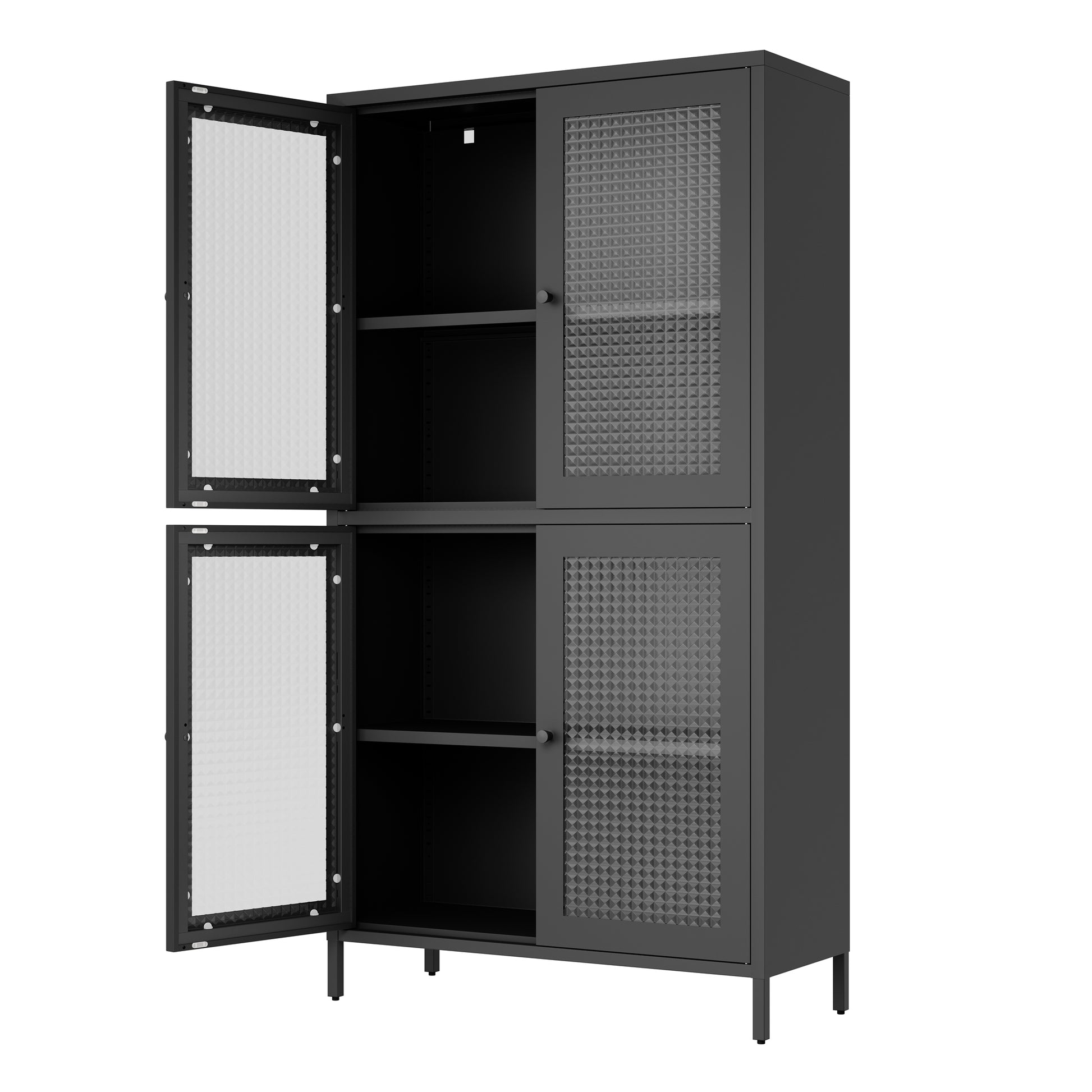 Classic Metal Storage Cabinet Display Cabinet With 4 Glass Doors 4 Shelves Cabinet Bookcase Side Cabinet For Home Office Living Room Kitchen Hallway Black, Waffle Grids Tempered Glass Freestanding 3 4 Shelves Black Office Glass Doors Classic Steel