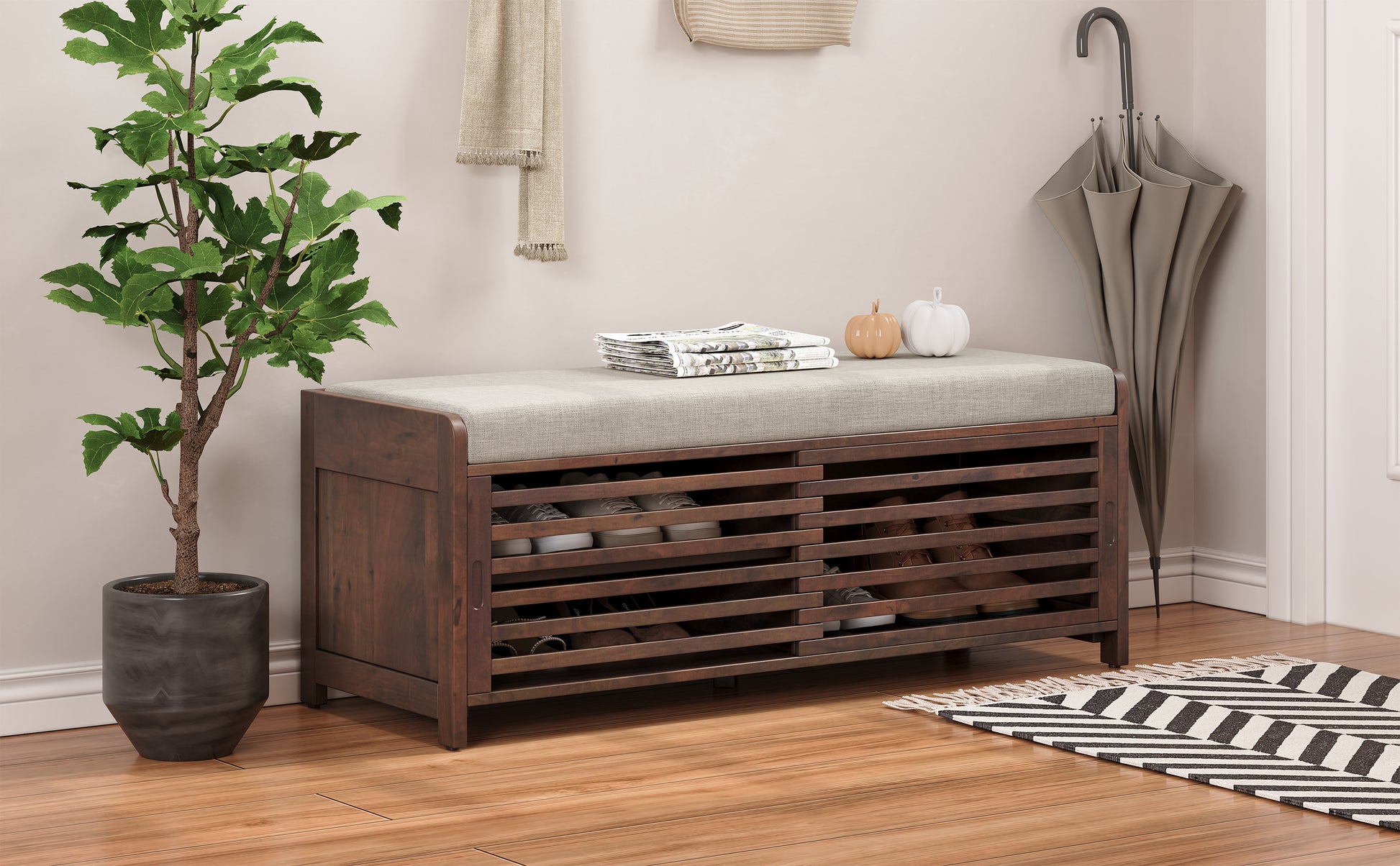 Distressed Shutter Storage Bench With Acacia Veneer For Retro Charm For Living Room, Entryway Espresso Espresso Mdf