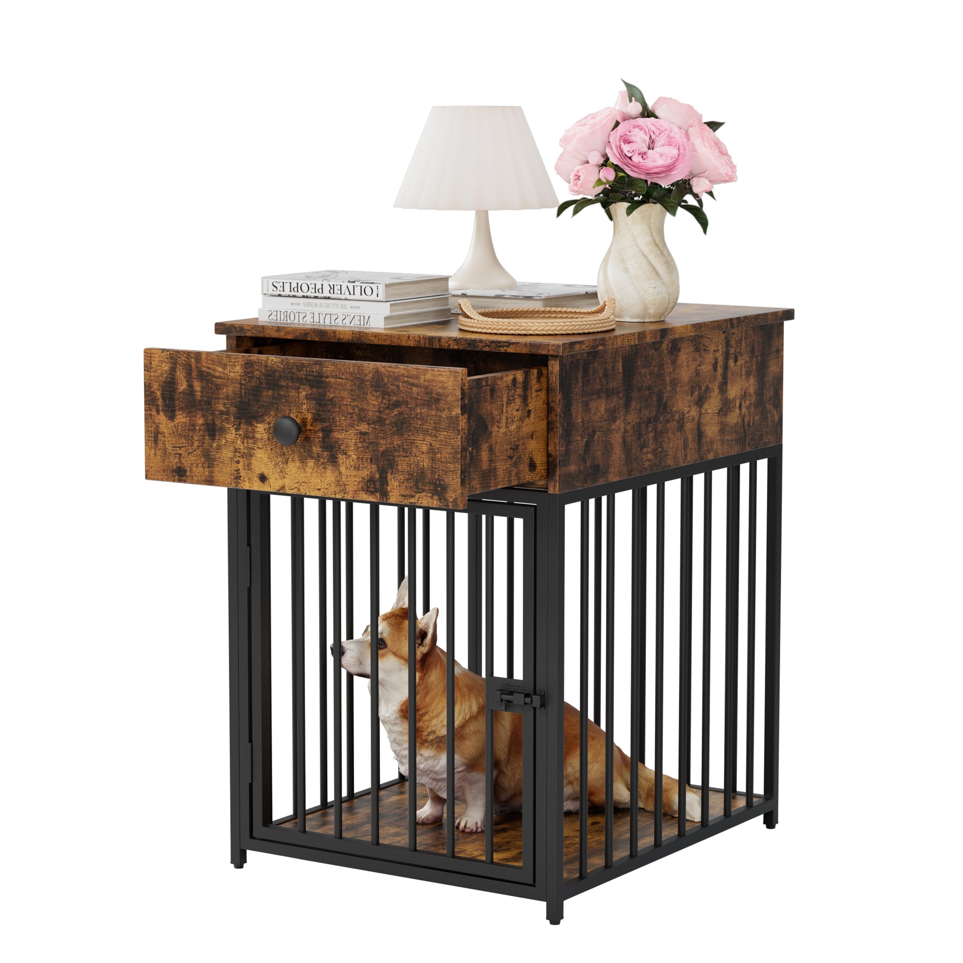 Dog Crate Furniture, Dog House, Decorative Dog Kennel With Drawer, Indoor Pet Crate End Table For Small Dog, Iron Tube Dog Cage, Chew Proof Brown Mdf