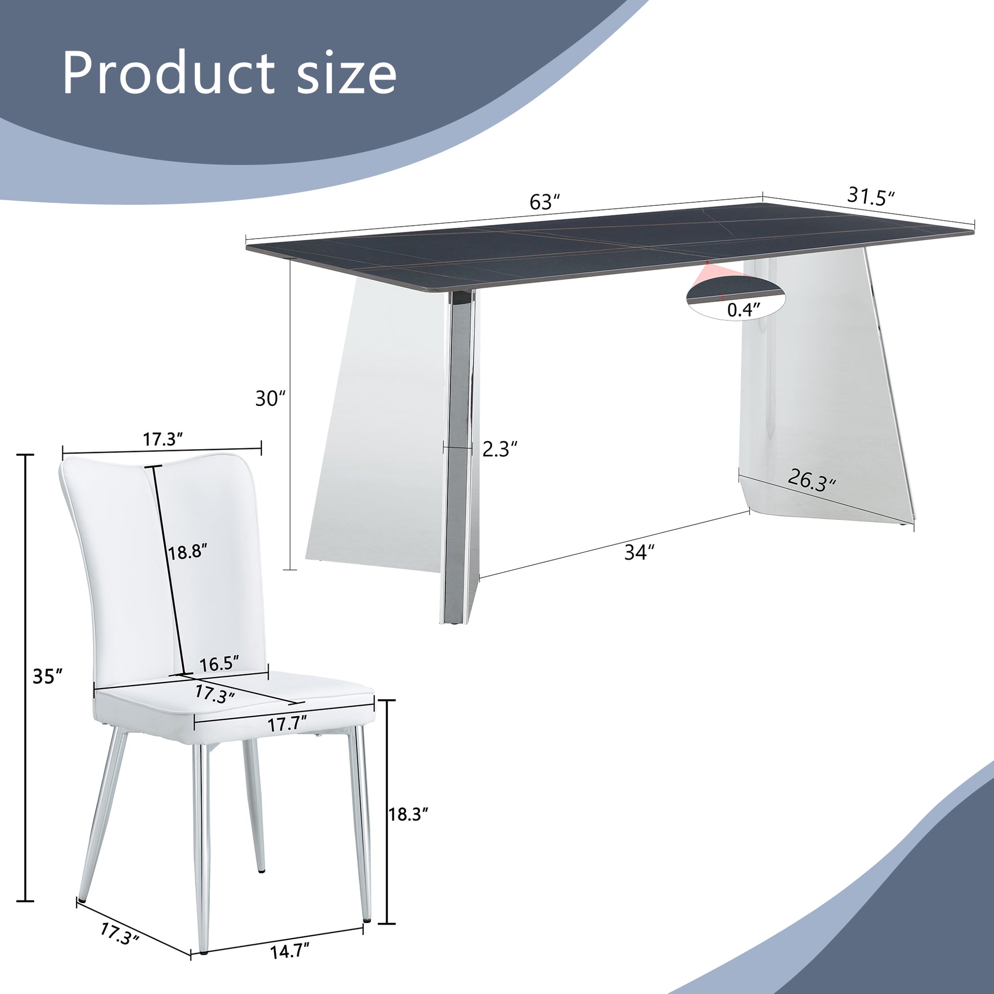 Table And Chair Set.63"X31.5X30" Black Marble Patterned Slabs Tabletop With Stainless Steel Butterfly Legs.Paired With 4 White Pu Dining Chairs With A Vertical Stripe Design On The Backrest. White