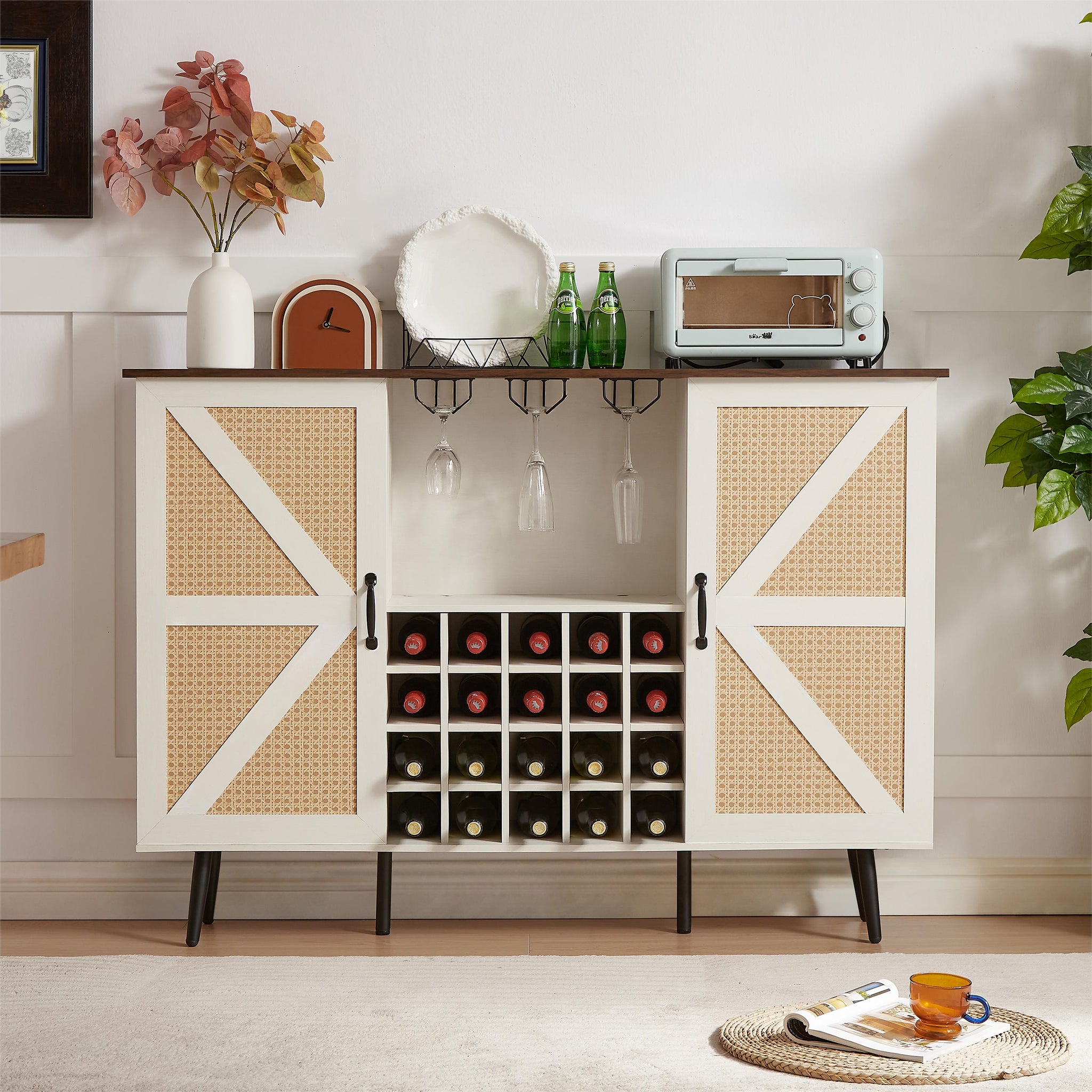 White Faux Rattan Barn Door Wine Cabinet With Wine Rack And Wine Glass