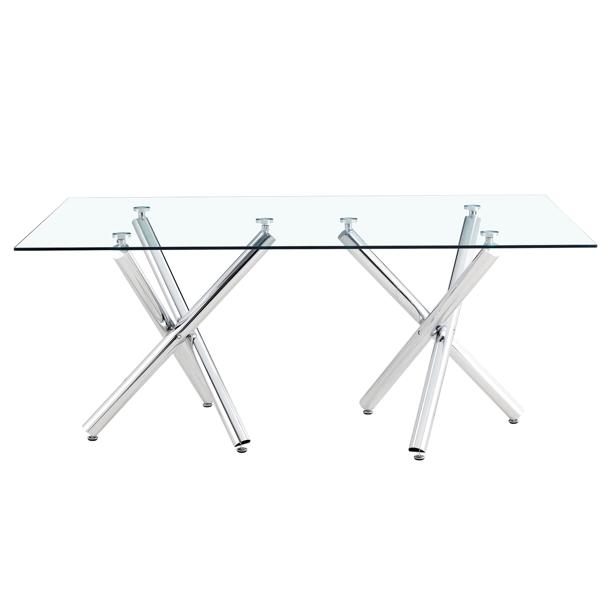 Large Modern Minimalist Rectangular Glass Dining Table For 6 8 With 0.39" Tempered Glass Tabletop And Silver Chrome Metal Legs, For Kitchen Dining Living Meeting Room Banquet Hall, 71' X39''X 30''1538 Transparent Glass