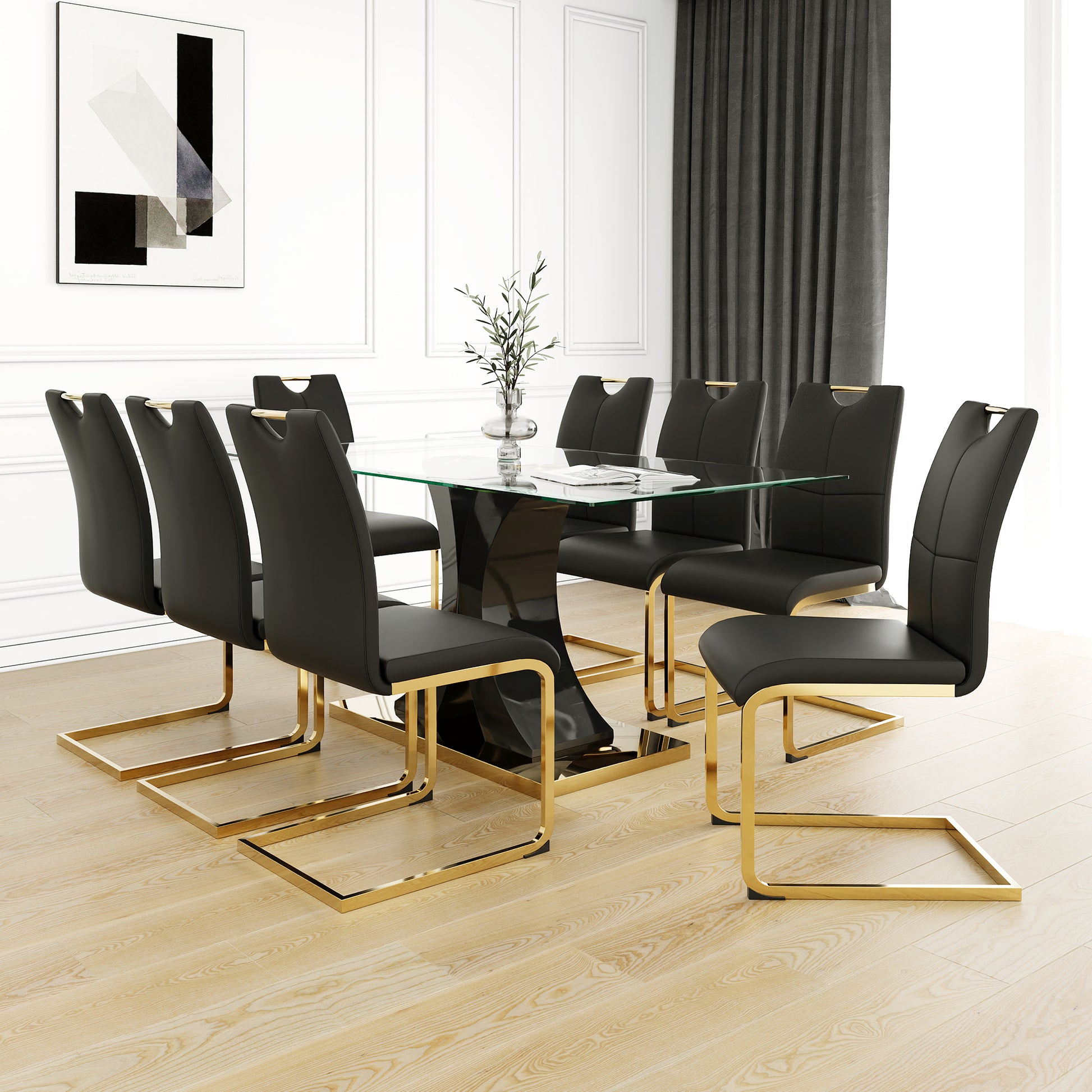 Modern Style Glass Dining Table, Elegant Transparent Design, Solid Support Base, Black Dining Chair Set, Gold Plated Chair Legs, Suitable For Restaurant Kitchen Use Set Of 9 Metal Glass Black Gold Mdf Metal