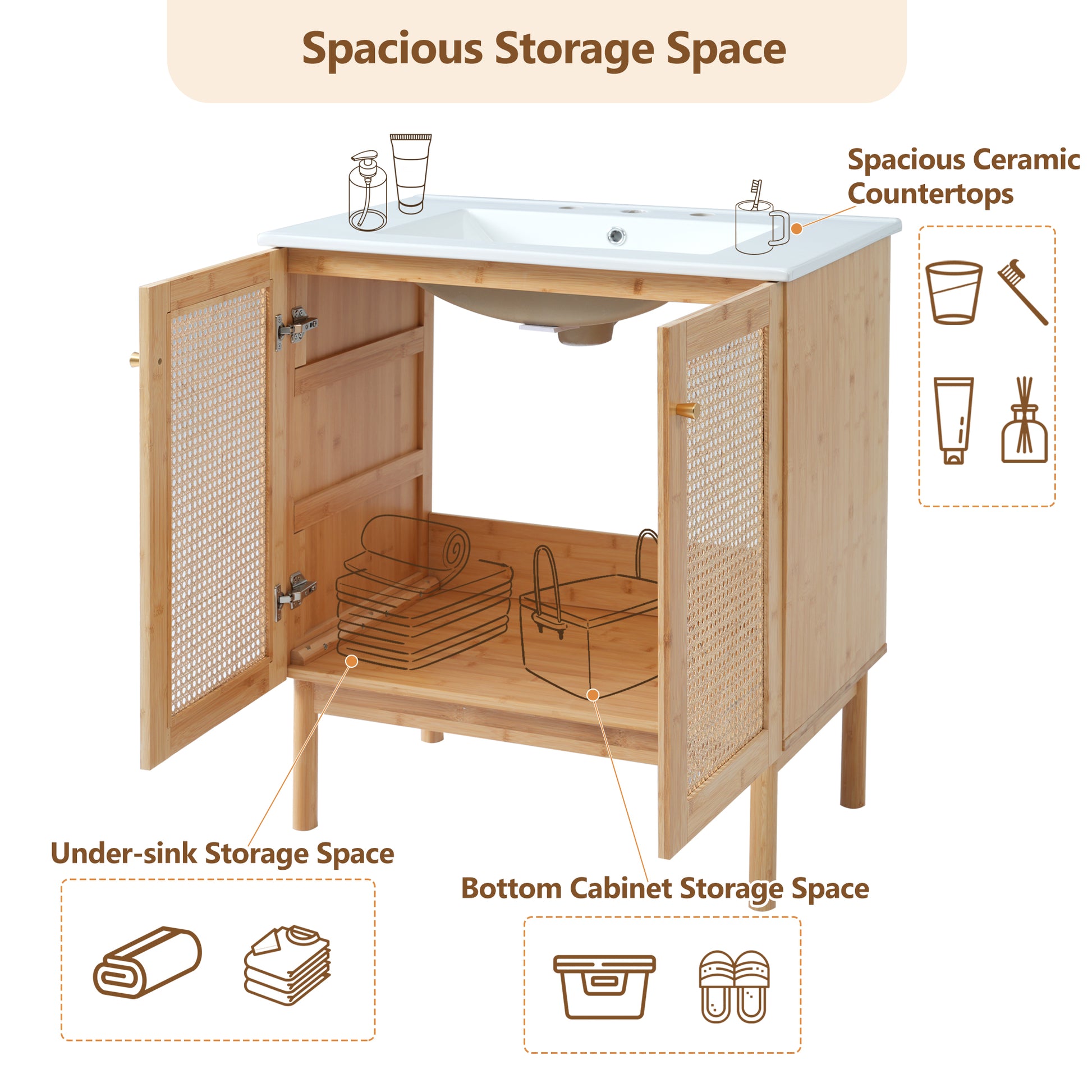 30 Inch Bathroom Vanity Crafted From Natural Materials, Featuring Handmade Rattan Doors And Soft Closing Mechanisms Wood Wood Rattan