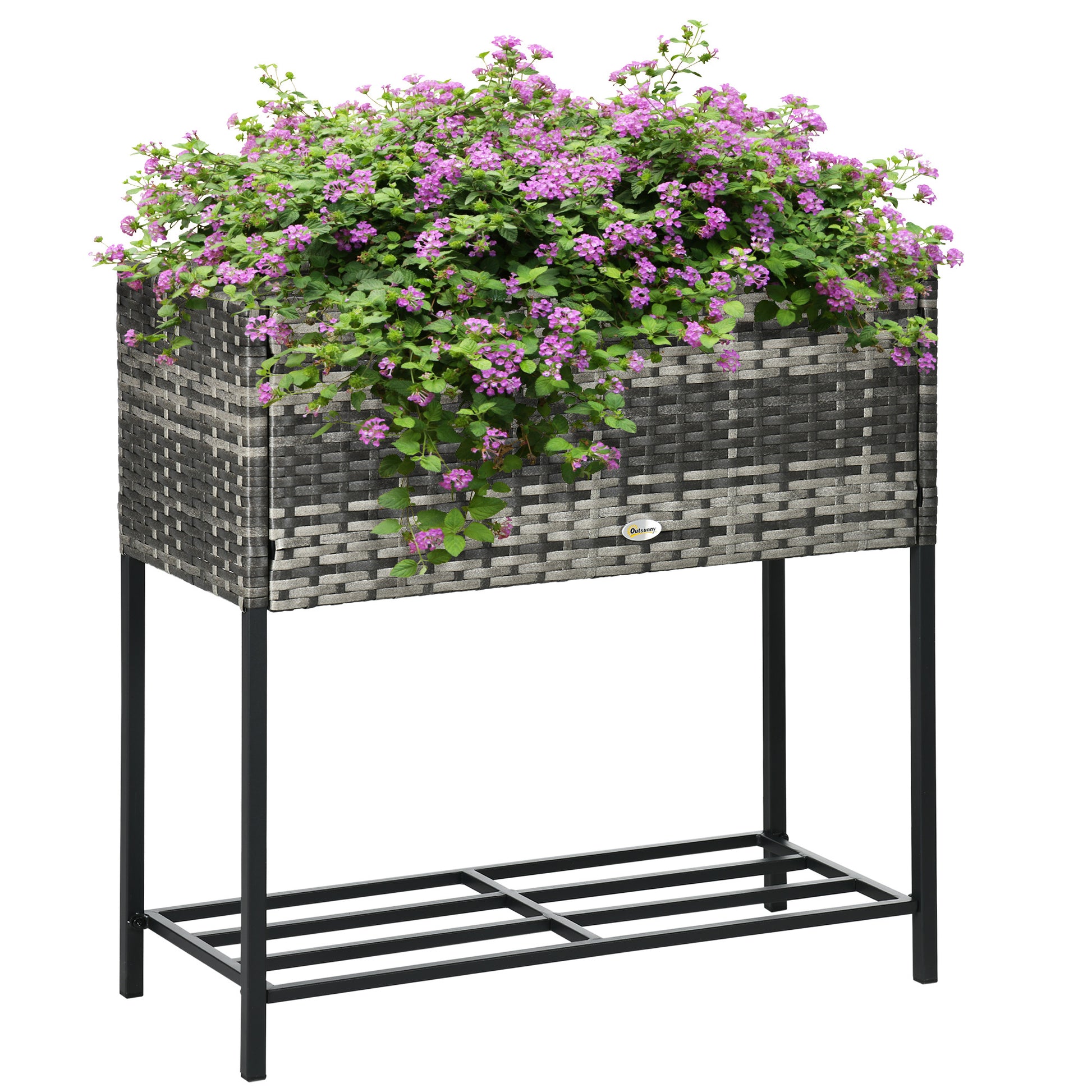 Outsunny Raised Garden Bed, Elevated Planter Box With Rattan Wicker Look, Tool Storage Shelf, Portable Design For Herbs, Vegetables, Flowers, Gray Grey Rattan