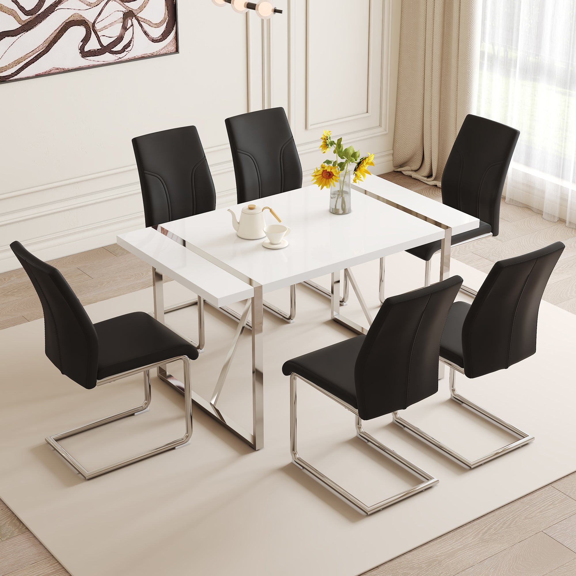 Table And Chair Set.55"X31.5" White Mdf Painting Dining Table Set With 6 Black Pu Chairs.Showcasing A Modern And Stylish Look.Suitable For Dining Room.Mdf Painting,Iron Pipe Plating,Pu Chiairs.