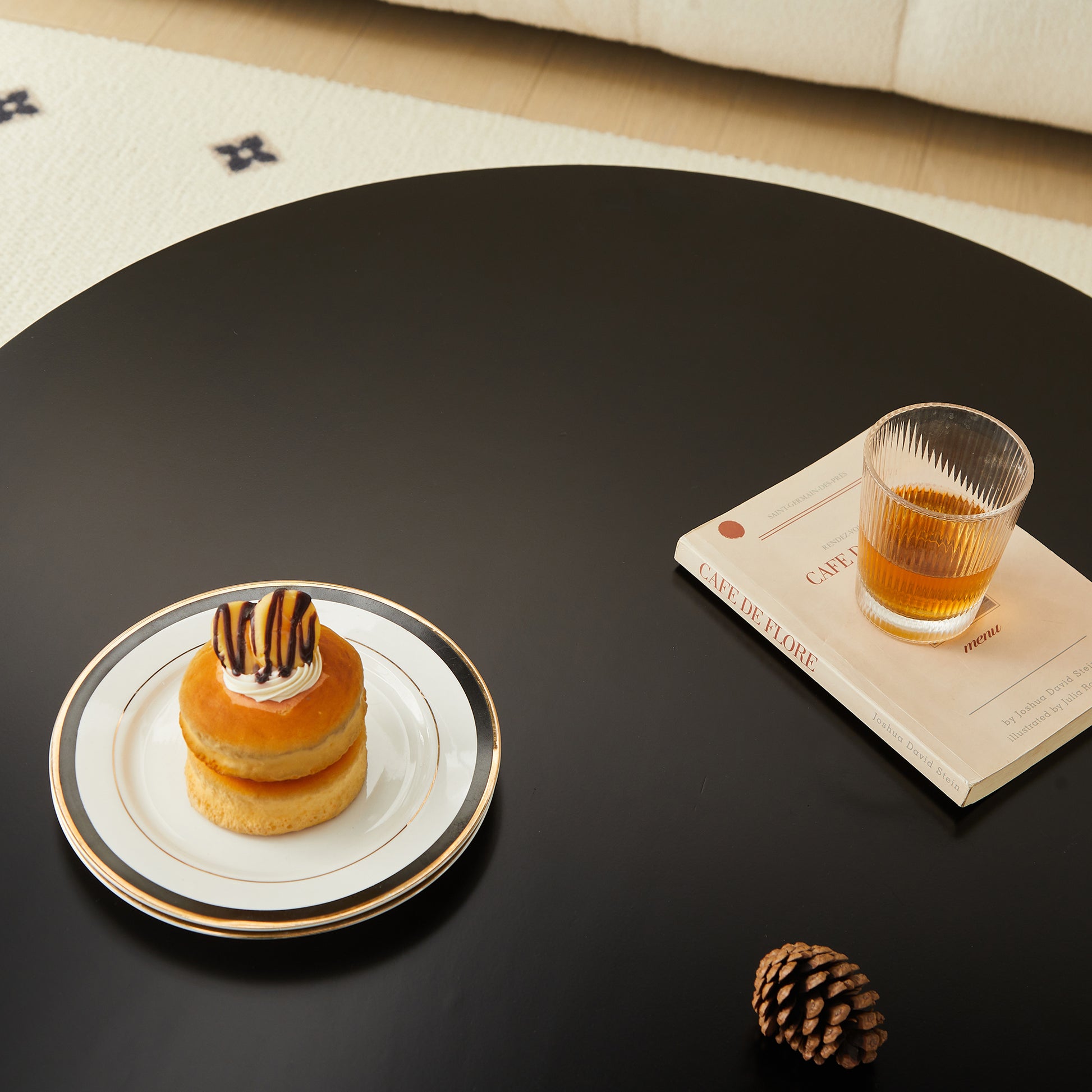 Mid Century Wooden Coffee Table With Pe Cane Stand, 31.5 Inch Round Solid Wood Bohemian Style Coffee Table, Unique Central Cocktail Table For Living Rooms, Apartments And Offices Black Rubber Wood