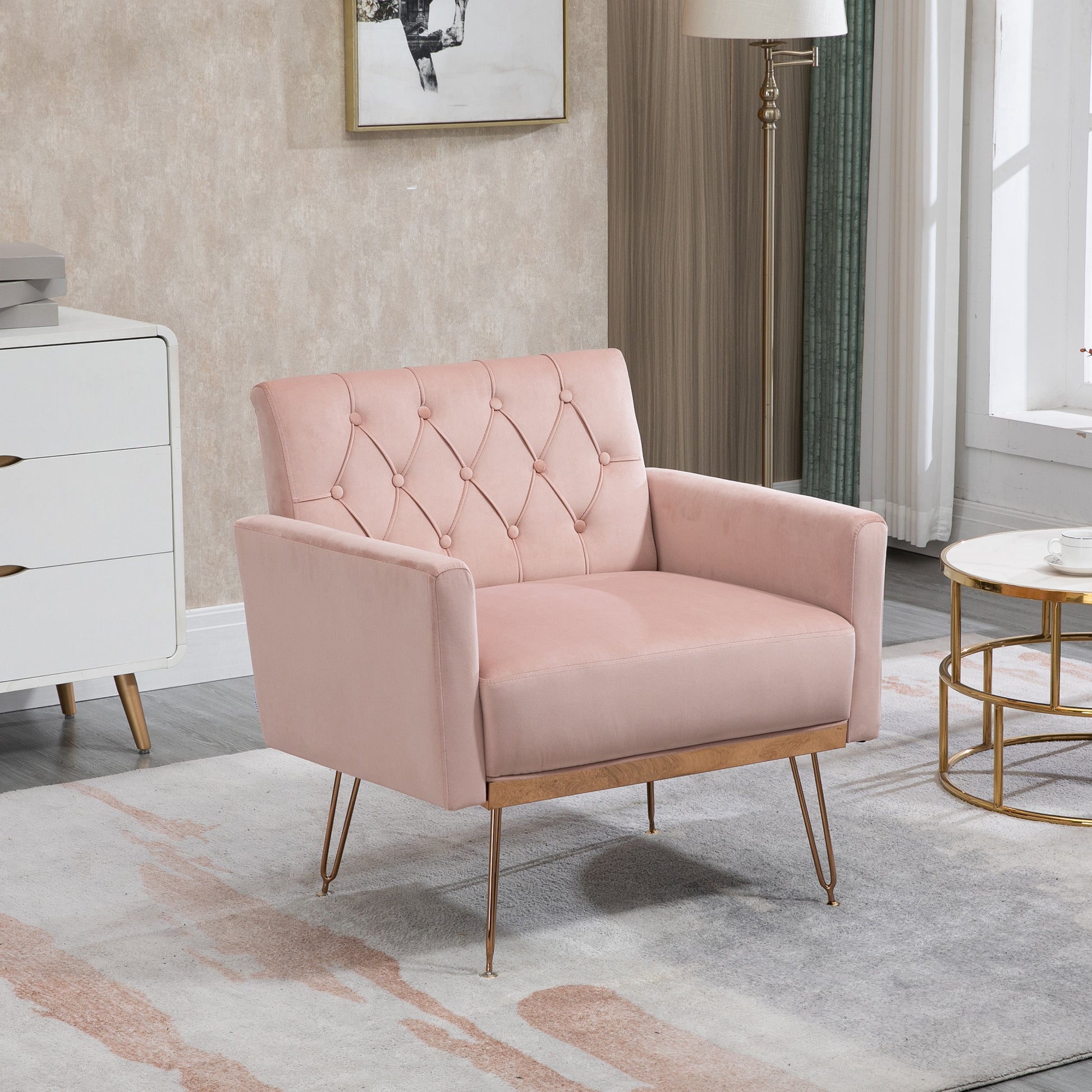 Coolmore Velvet Armchair Single Sofa Modern Tufted Upholstered Side Reading Chairs With Arm And Gold Metal Leg For Living Room Bedroom Pink Pink Foam Velvet