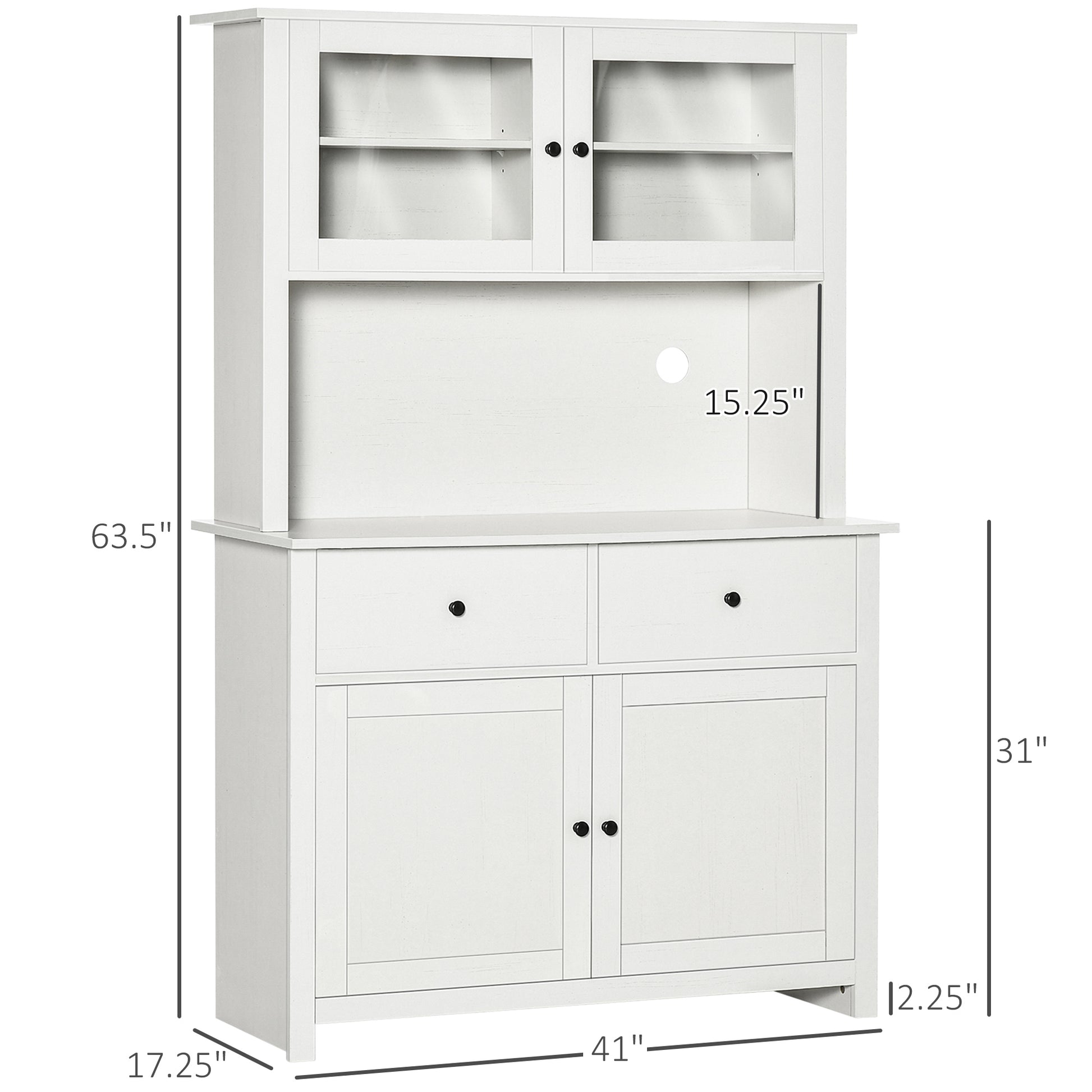 Homcom 63.5" Kitchen Buffet With Hutch, Pantry Storage Cabinet With 4 Shelves, Drawers, Framed Glass Doors, Open Microwave Countertop, Antique White Antique White Wood