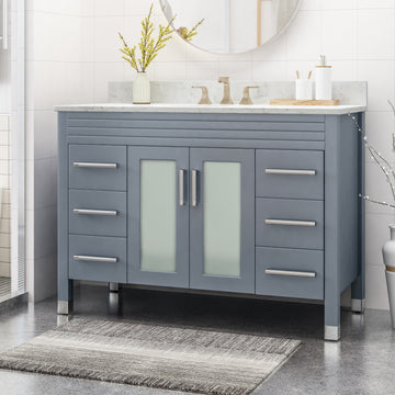 49'' Bathroom Vanity With Marble Top & Ceramic Sink, 2 Doors With Glass, 6 Drawers, Gray Grey Acacia Wood