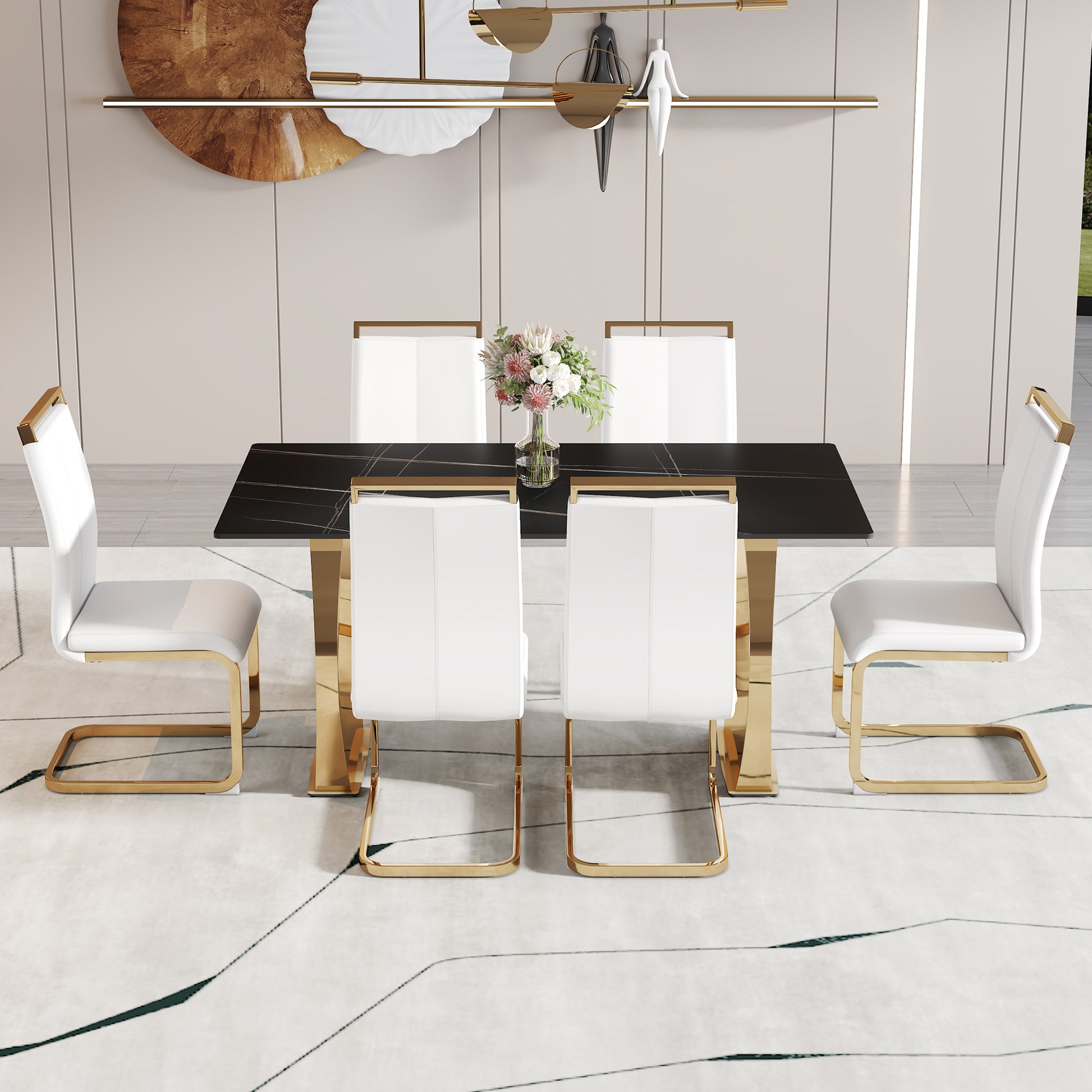 Table And Chair Set,Modern Rectangular Table With 0.4 Inch Black Patterned Tabletop And Gold Legs, Suitable For Kitchen, Dining Room, And Living Roomcomfortable Pu Seats,Perfect For Dinner, Meet White Black Seats 6 Sintered Stone