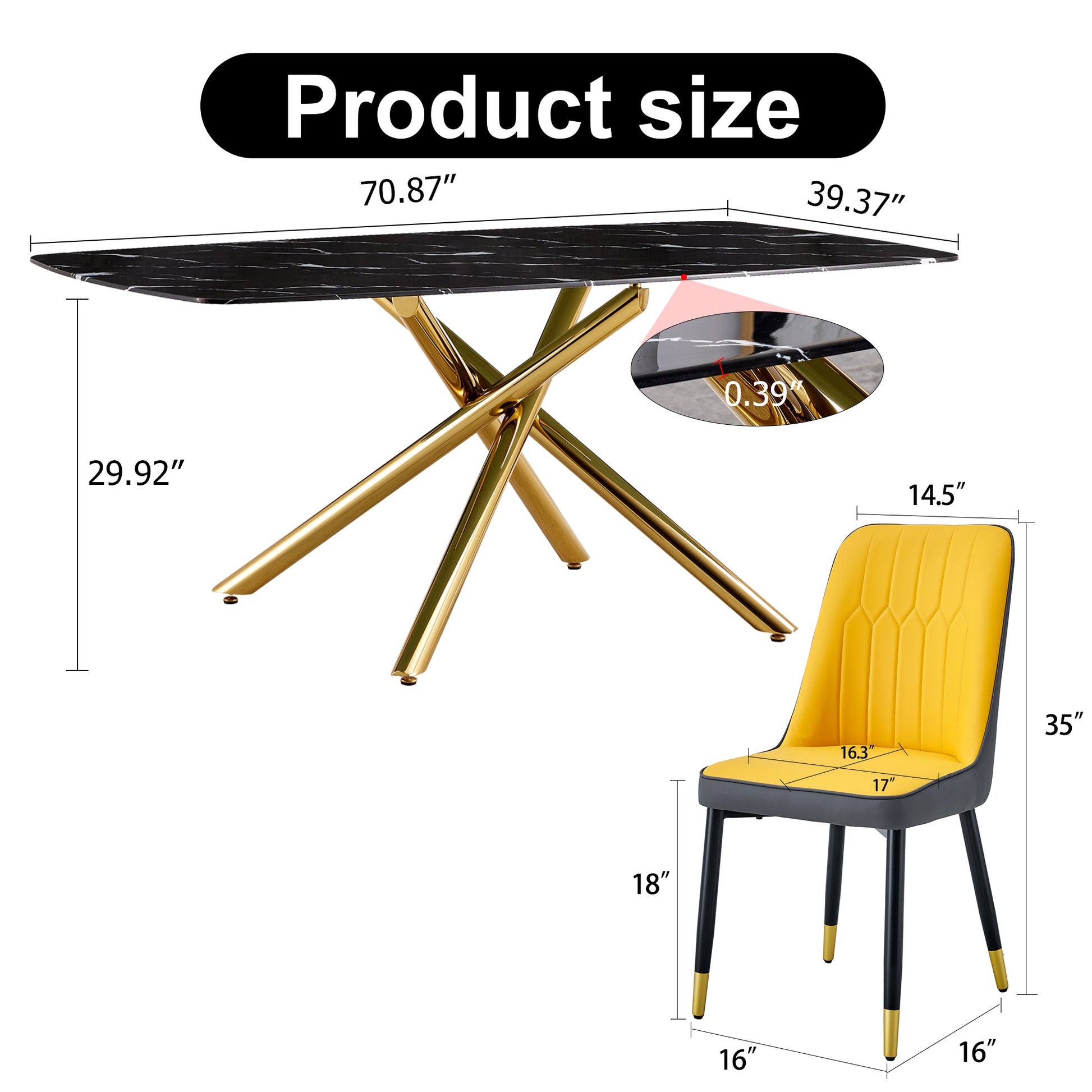 Large modern minimalist rectangular dining table with black+gold-glass+metal