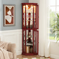 Corner Curio Cabinet Lighted Corner Display, Glass Display Shelf Shelving Bar Cabinet With Tempered Glass Door, Bar Cabinet,Cabinet With Adjustable Shelf Glass Cabinet Shelves Bead Bulb Included Cherry Mdf Glass