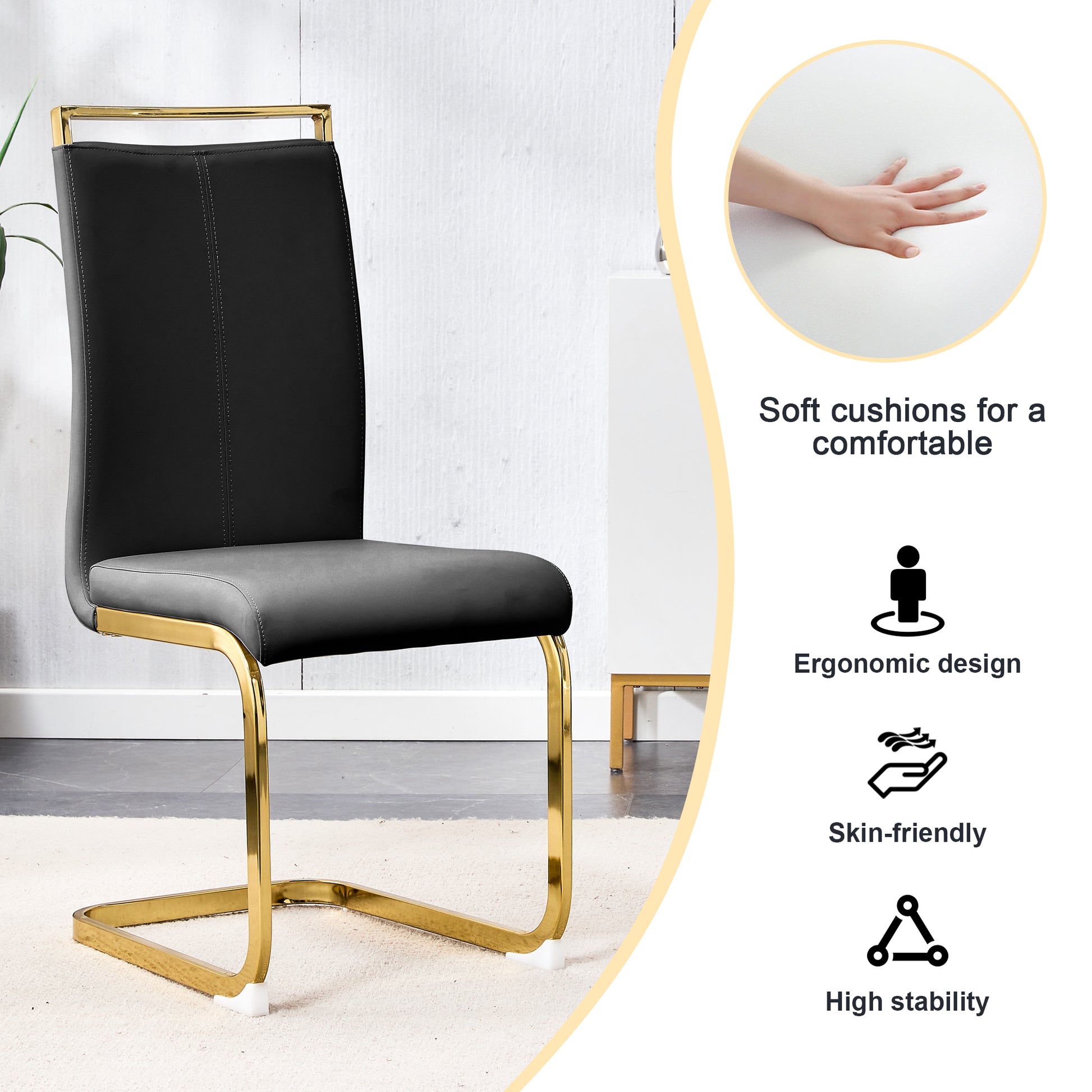 Table And Chair Set,Modern Rectangular Table With 0.4 Inch Black Patterned Tabletop And Gold Legs, Suitable For Kitchen, Dining Room, And Living Roomcomfortable Pu Seats,Perfect For Dinner, Meet Black Seats 6 Sintered Stone
