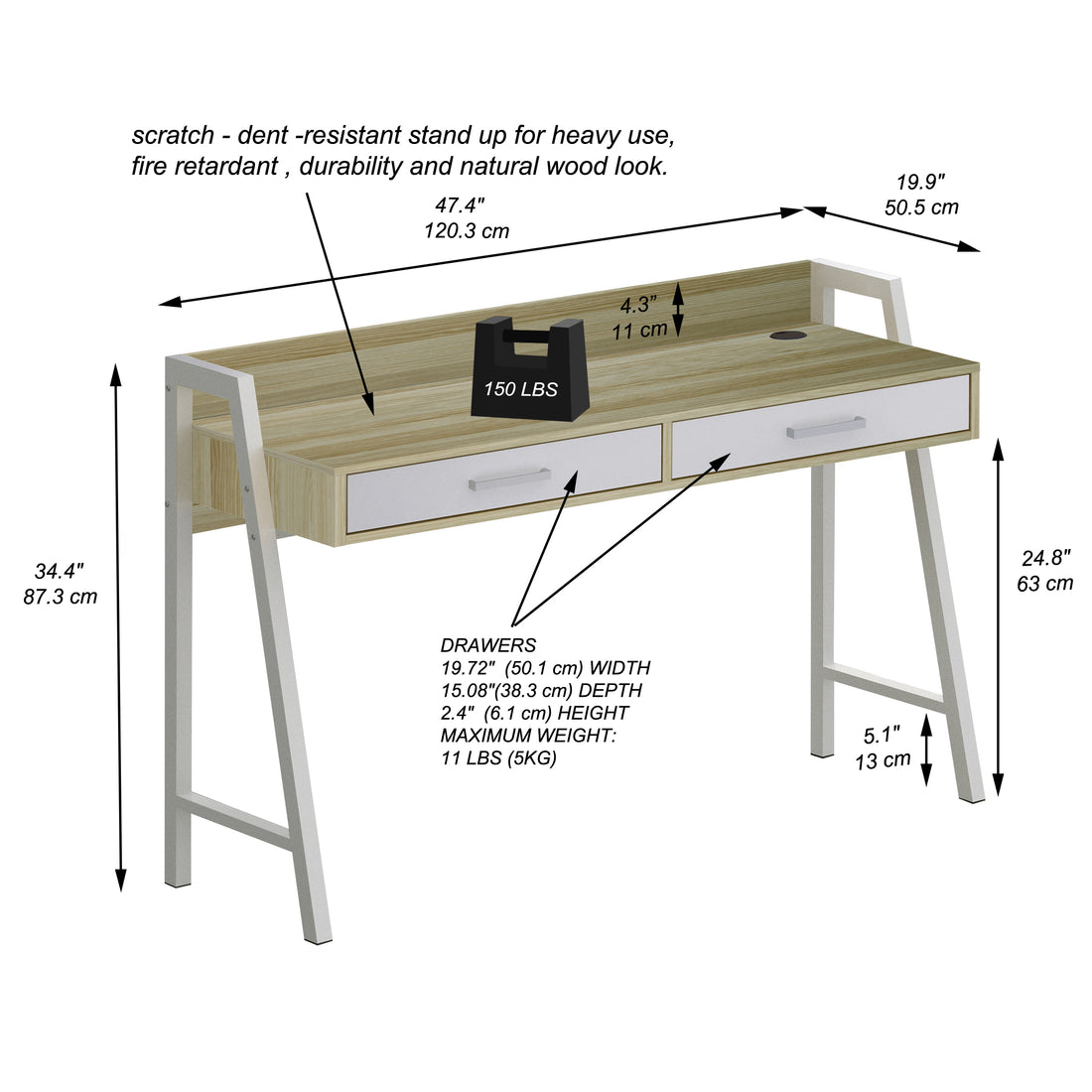 "47"" Writing Desk With 2Drawers""Sleek Two Tone Writing Desk Nature And White Finish, Ideal For Home Office And Study Spaces, With Cable Management System And Sturdy Metal Frame" Multicolor Solid Wood