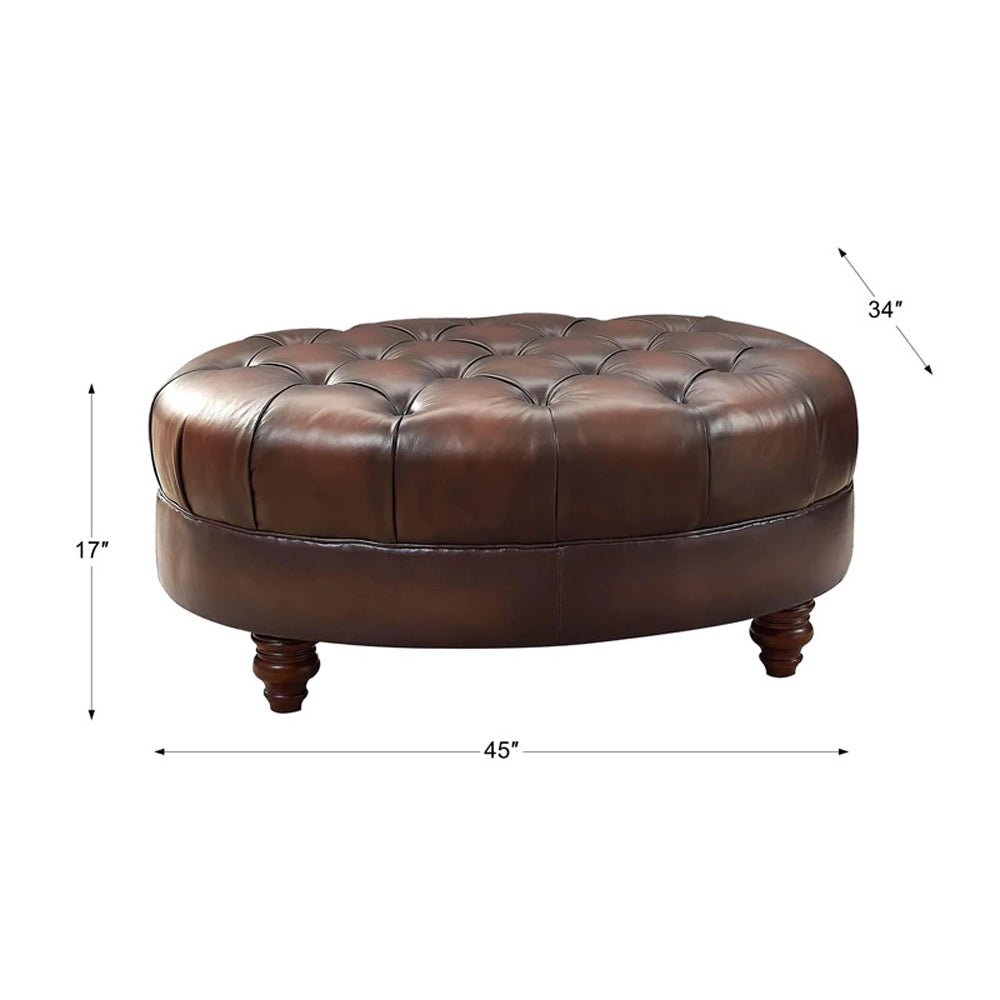 Newport Leather Ottoman Wood Primary Living Space Solid Brown Eucalyptus Wood Nailhead Trim Caramel Genuine Leather Genuine Leather Medium Firm Backless Mid Century Modern Oval Armless Down Filling Leather