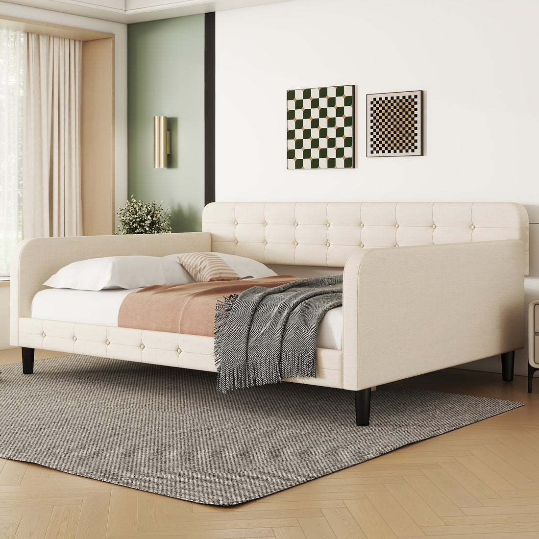 Full Size Upholstered Tufted Daybed With 4 Support Legs, Beige Box Spring Not Required Full Beige Wood Bedroom Daybeds Linen Upholstered