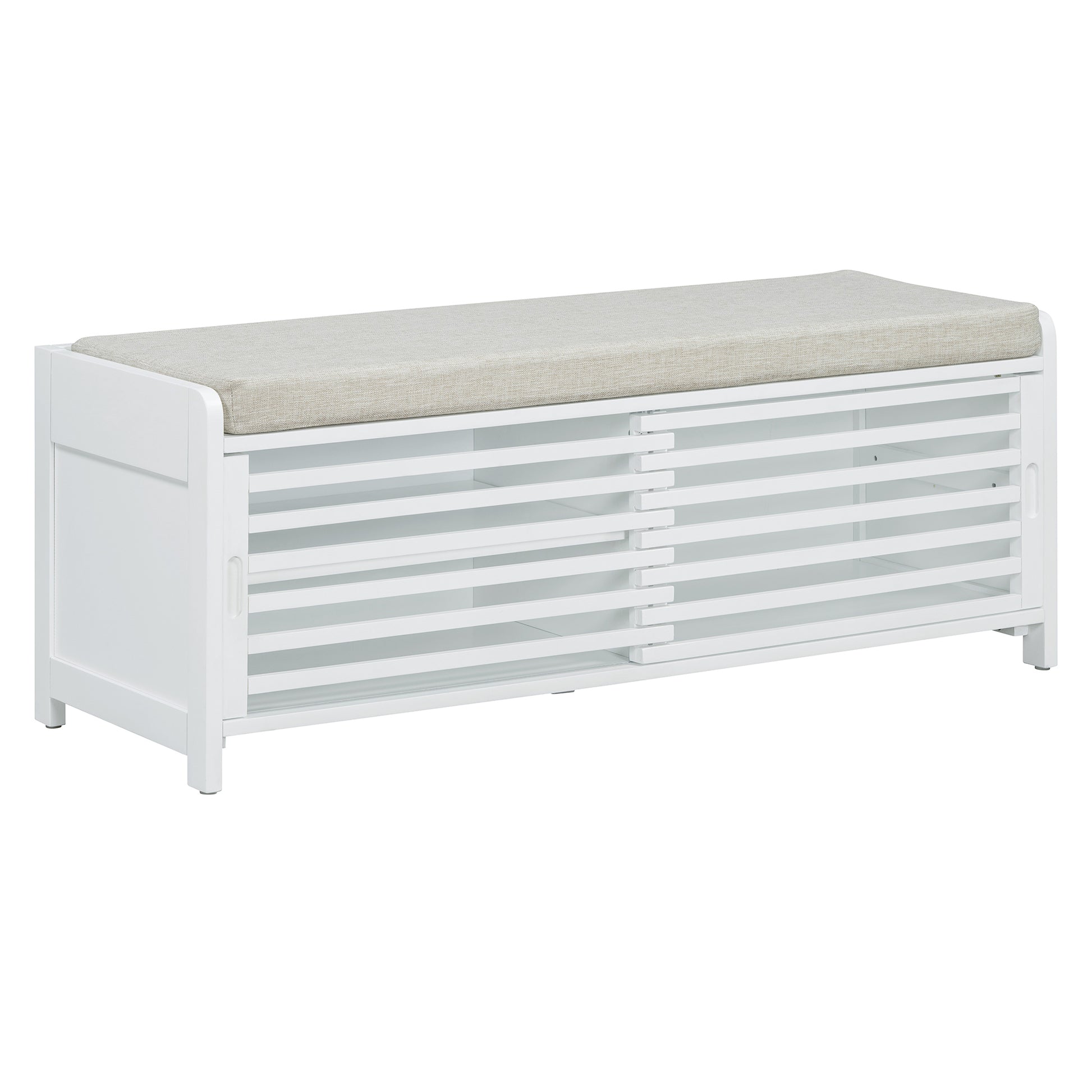 Distressed Shutter Storage Bench With Acacia Veneer For Retro Charm For Living Room, Entryway White White Mdf