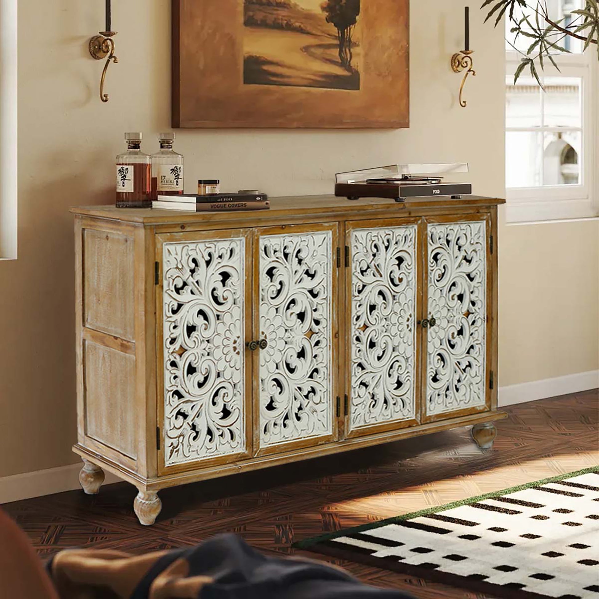 Accent Cabinet With 4 Doors, Farmhouse Sideboard Buffet Cabinet With Storage, Modern Credenza Storage Cabinet With Wood Carved Floral Doors For Living Room, Dining Room, Entryway, Hallway, Kitchen Accent Chests 3 4 Spaces Painted Or Hand Painted Antique