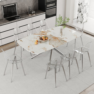 Table And Chair Set.Modern Luxurious White Marble Patterned Tempered Glass Dining Table Set With Transparent Pp Chairs.8 Transparent High Quality Pp Dining Chairs With Silver Legs. White Silver