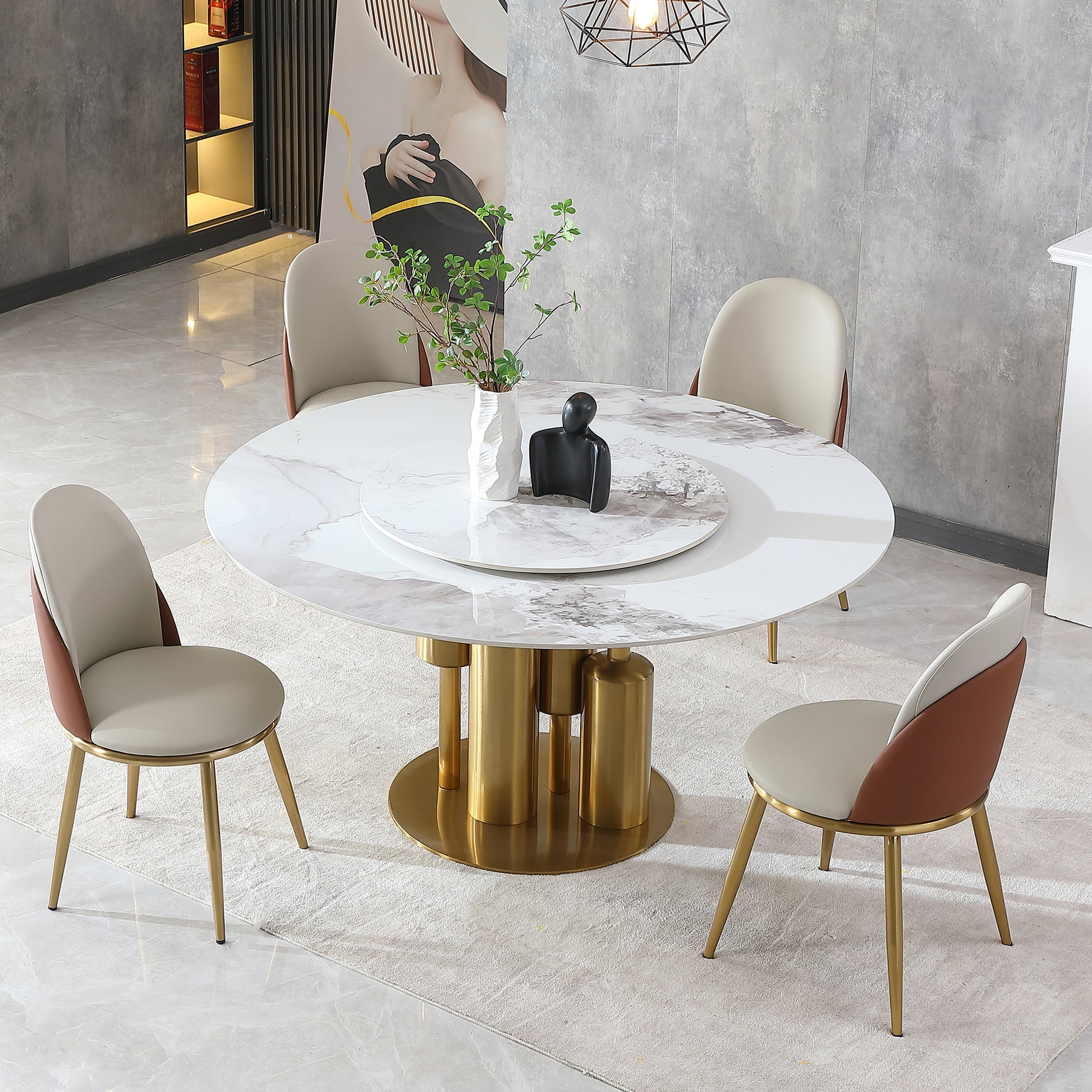 Modern Marble Dining Table, 59" Round Sintered Stone Table For Dining Room, Kitchen, Dinette, Compact Space With Lazy Susan 4 Chairs Gold,Gold White Dining Room American Design,Luxury Round