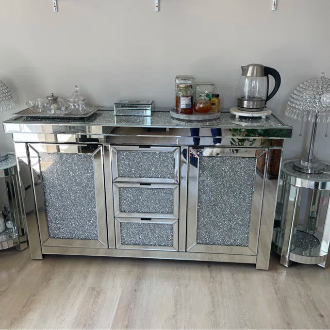 57" Wide 3 Drawer Mirrored Glass Sideboard Silver Kitchen Luxury,Modern Cabinets Included Mdf Glass,Mirror