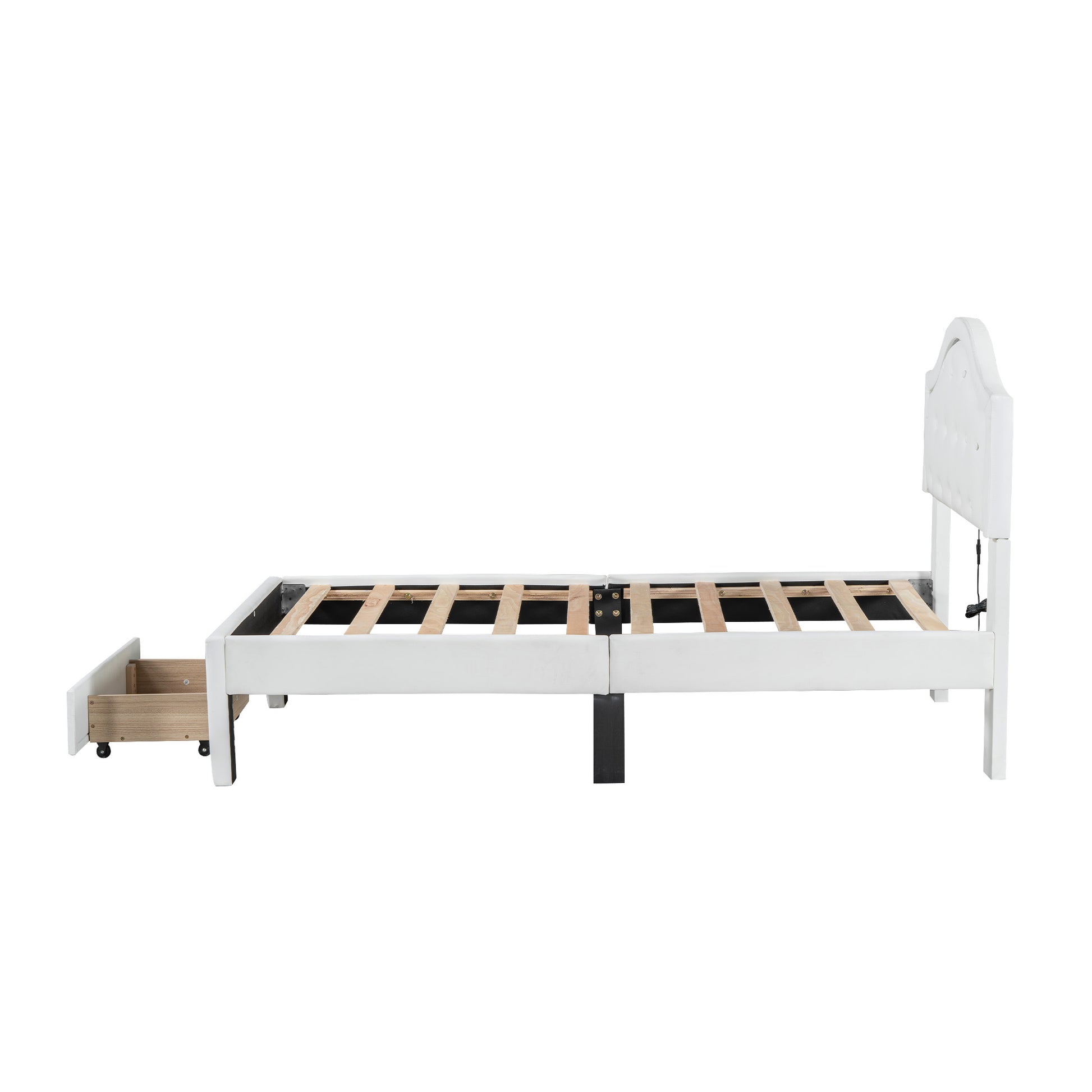 Twin Size Upholstered Platform Bed With Tufted Headboard, Led And A Drawer, White Box Spring Not Required Twin White Wood Faux Leather Upholstered