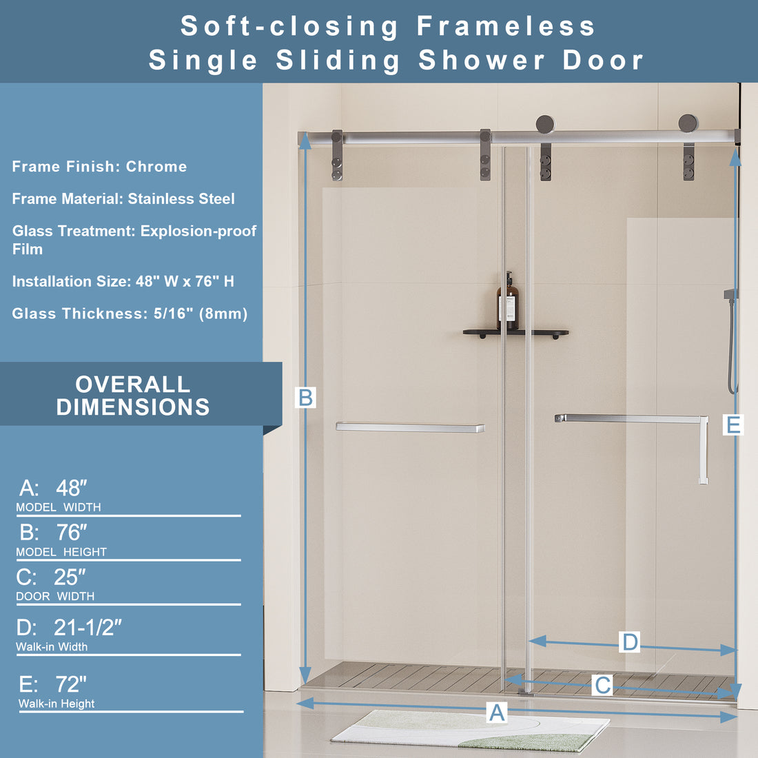 48 In. W X 76 In. H Frameless Soft Closing Shower Door, Single Sliding Shower Door, 5 16" 8Mm Clear Tempered Glass Shower Door With Explosion Proof Film, Stainless Steel Hardware, Chrome 24D211 48C Chrome Stainless Steel