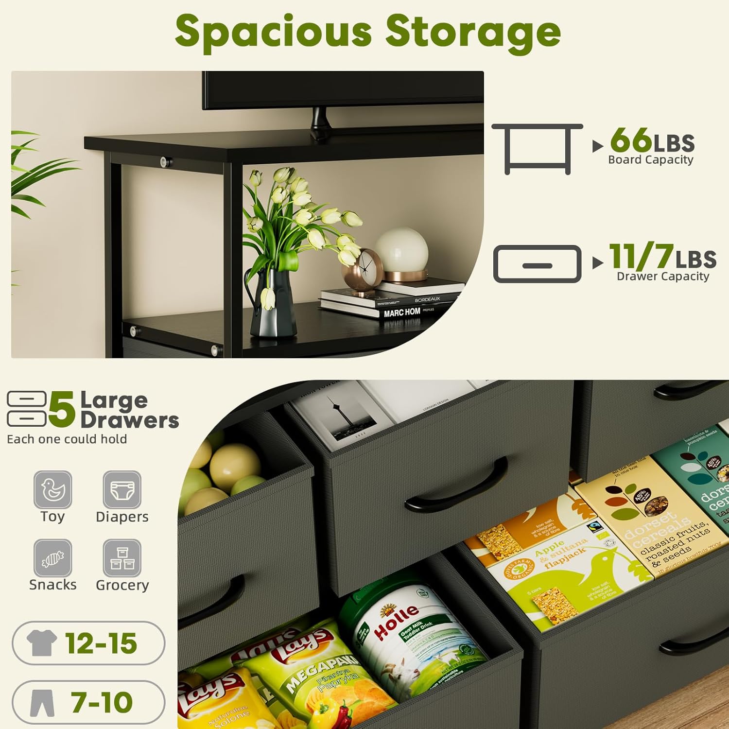 Tv Stand Dresser For Bedroom Entertainment Center With 5 Fabric Drawers, Storage Organizers Units For Living Room, Media Console Table With Open Shelf Up For 45" Tv, Gray, Wood Top Gray Wood