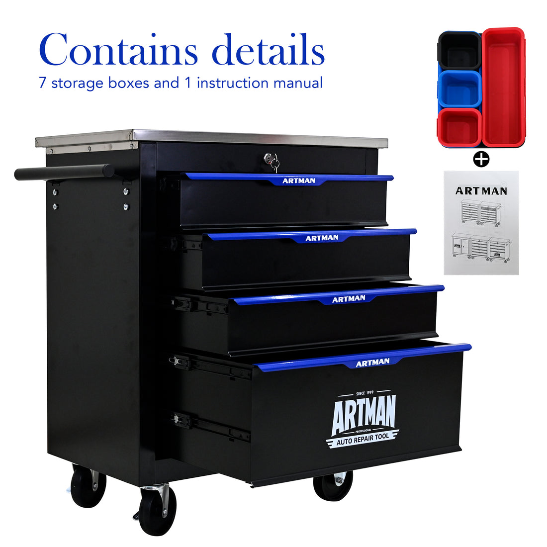 4 Drawers Multifunctional Tool Cart With Wheels Black Black Blue Steel