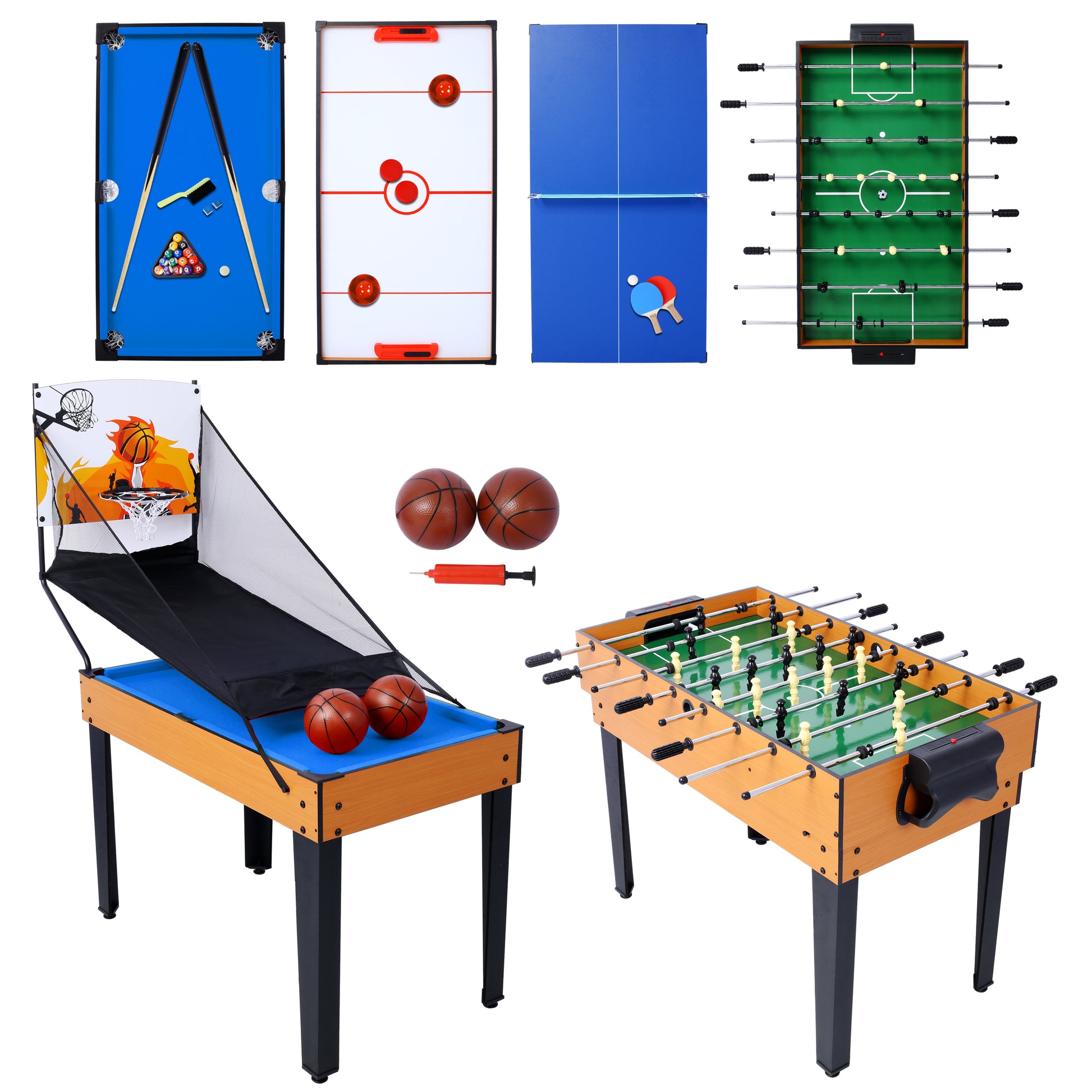 5 In 1 Multi Game Table Billiards, Push Hockey, Foosball, Ping Pong, And Basketball Brown Blue Brown Mdf Steel