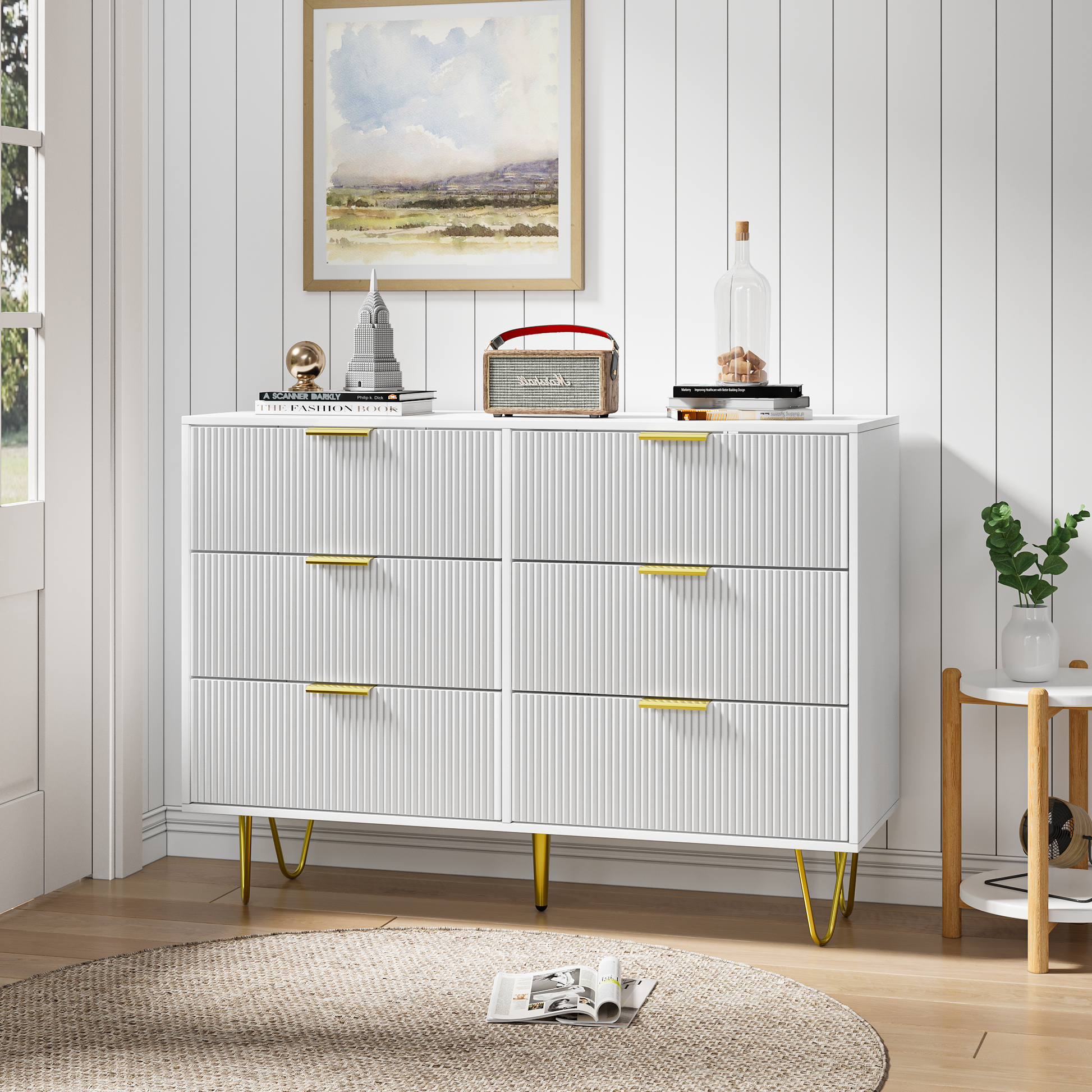 Modern White 6 Drawers For Bedroom,Small Size Wooden Drawers With Gold Handles, Chest Dresser With Deep Drawers For Living Room White Bedroom Mdf