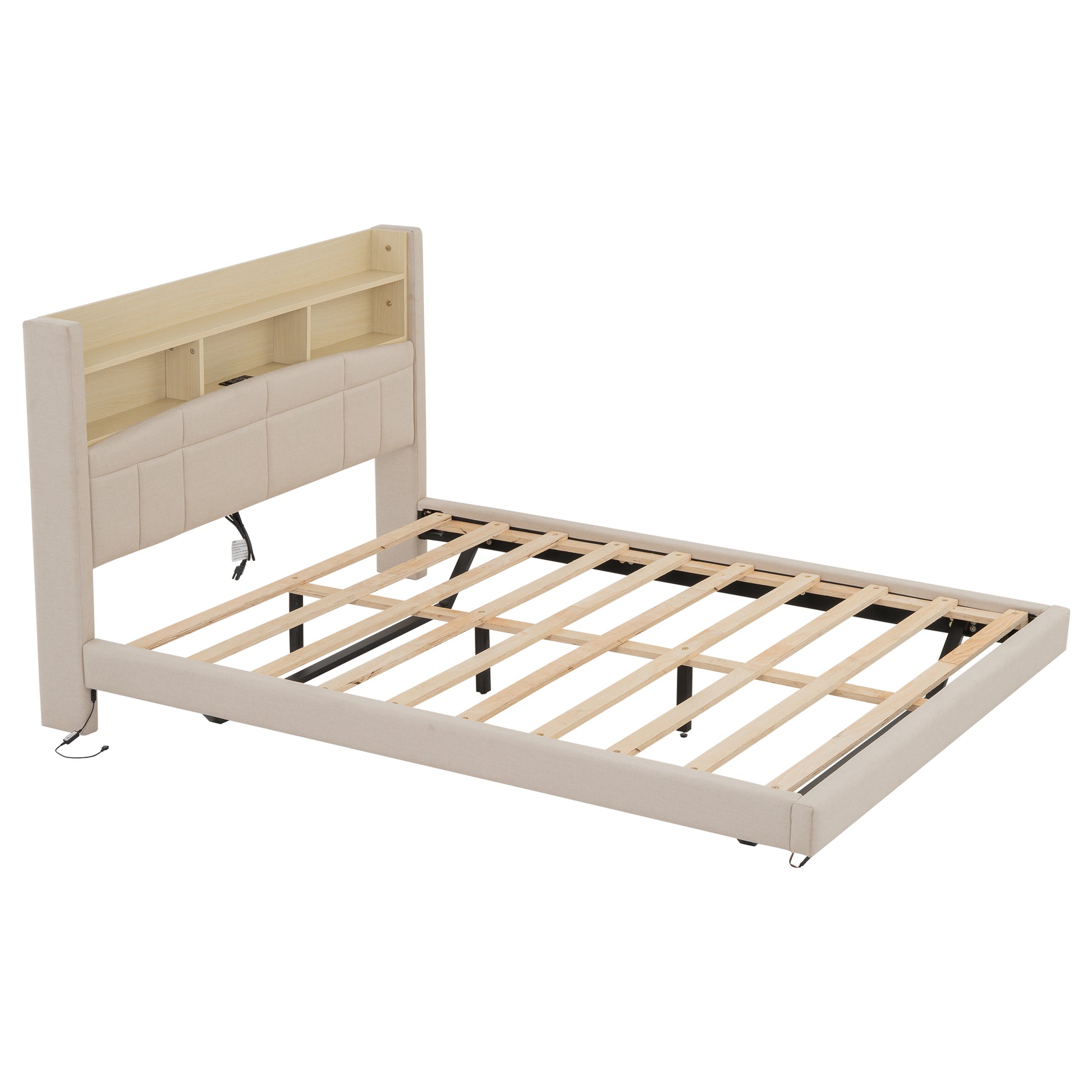 Queen Size Upholstered Floating Bed With Led And Storage Headboard, Beige Box Spring Not Required Queen Beige Wood Bed Frame Linen Upholstered