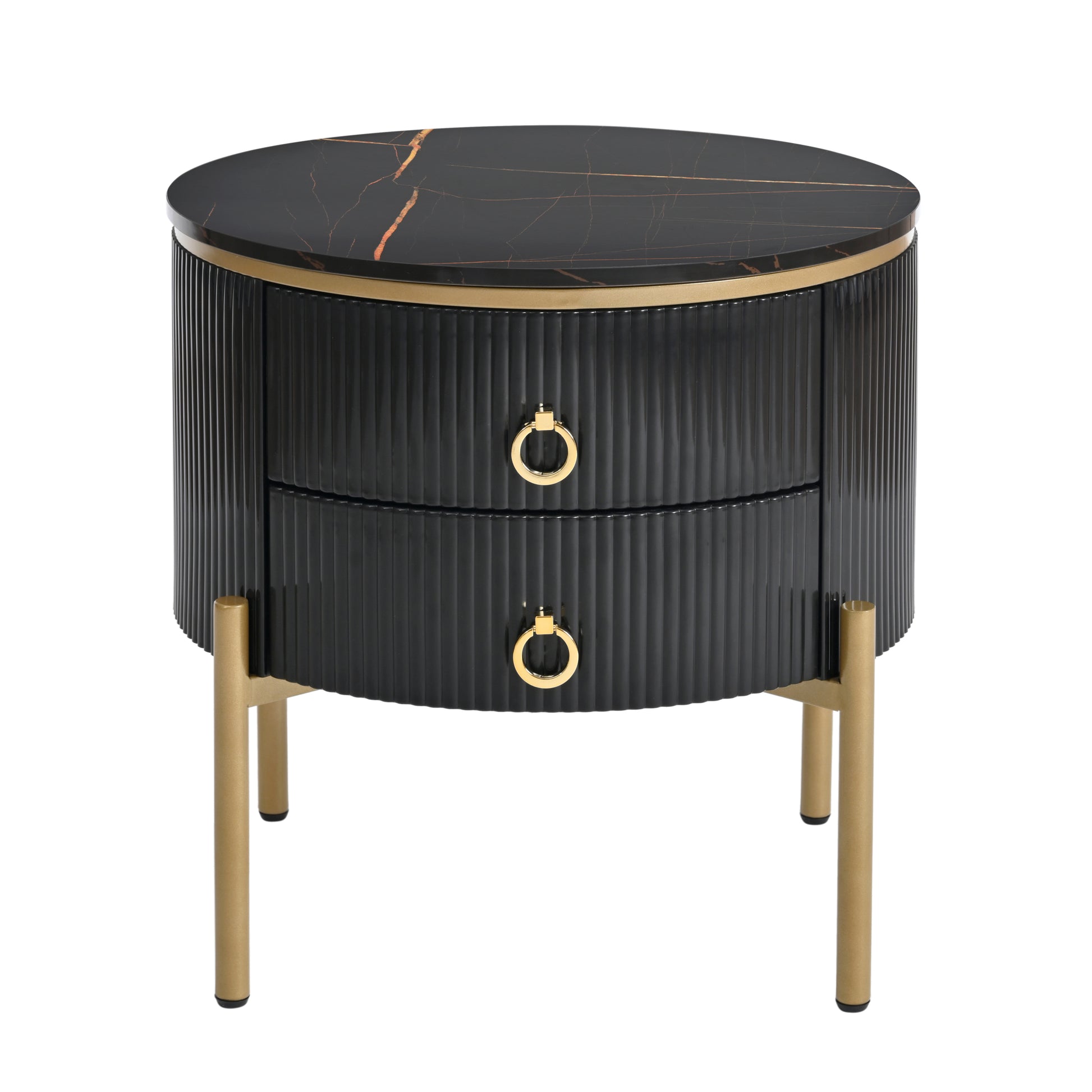 19.6'' Easy Assembly Round End Table With Storage Drawers, Fluted Nightstand With High Gloss Faux Marble Tabletop, Modern Coffee Table With Metal Legs And Handles For Living Room, Black Black Gold Primary Living Space Drawers Round Mdf Iron