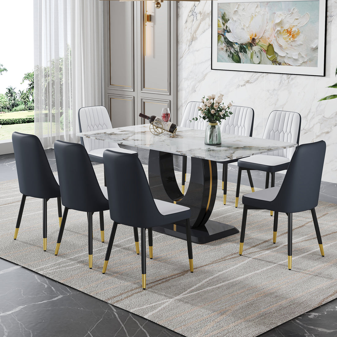 Table And Chair Set, Modern Dining Table, Patterned Table Top And Black Mdf Leg Table, Soft And Comfortable Dining Chair, Perfect For Dinner, Meetings, Home And Office Decor White Gray Mdf Glass