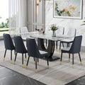 Table And Chair Set, Modern Dining Table, Patterned Table Top And Black Mdf Leg Table, Soft And Comfortable Dining Chair, Perfect For Dinner, Meetings, Home And Office Decor White Gray Mdf Glass