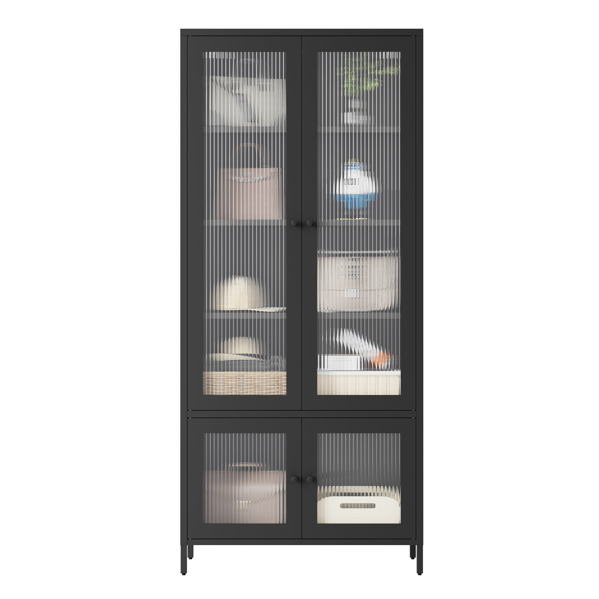 Large Metal Storage Cabinet Display Cabinet With 4 Glass Doors 5 Shelves Side Cabinet Bookcase Freestanding Cabinet For Bedroom Living Room Pantry Home Office Black, Fluted Tempered Glass Black Bedroom Classic Steel