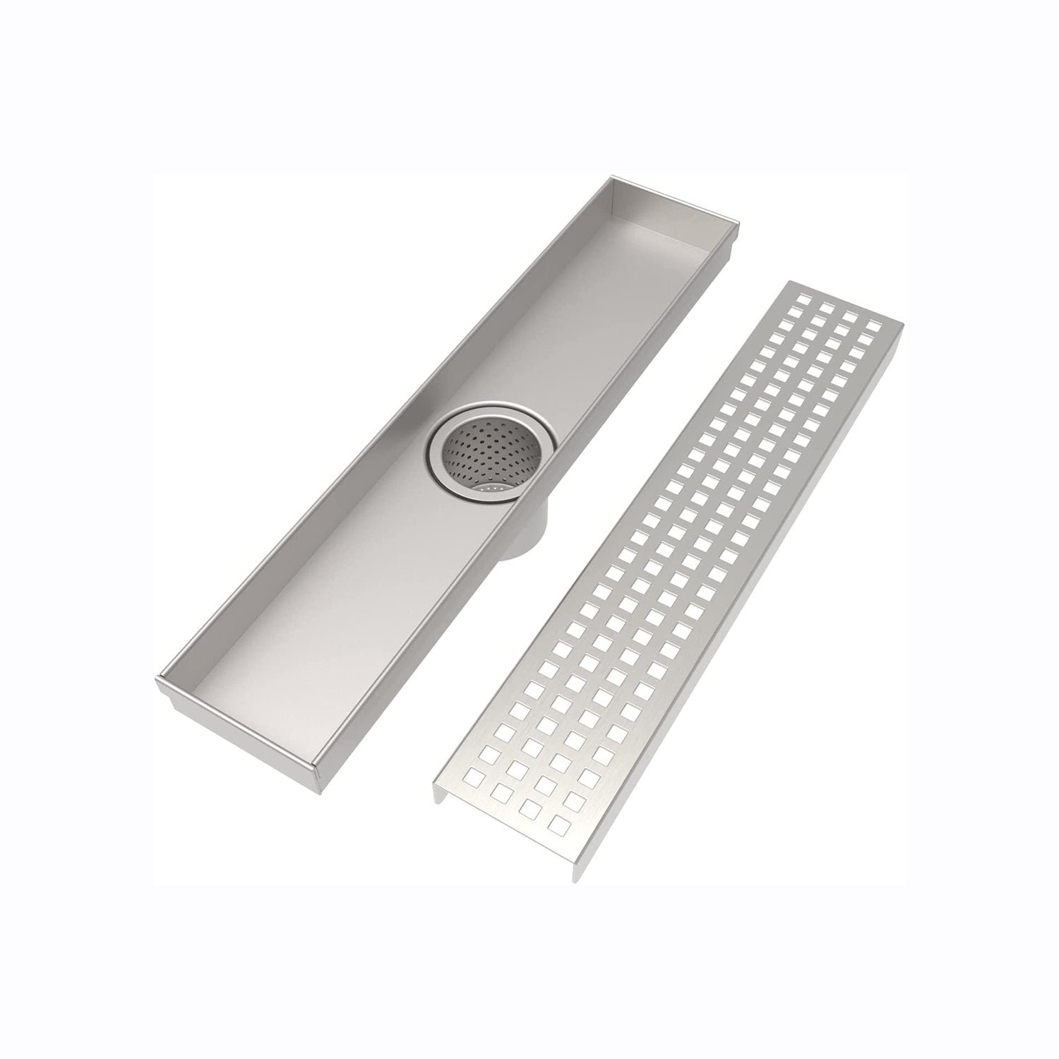 12 Inches Linear Shower Drain With Removable Quadrato Pattern Grate, 304 Stainless Shower Drain Included Hair Strainer And Leveling Feet Brushed Nickel Stainless Steel