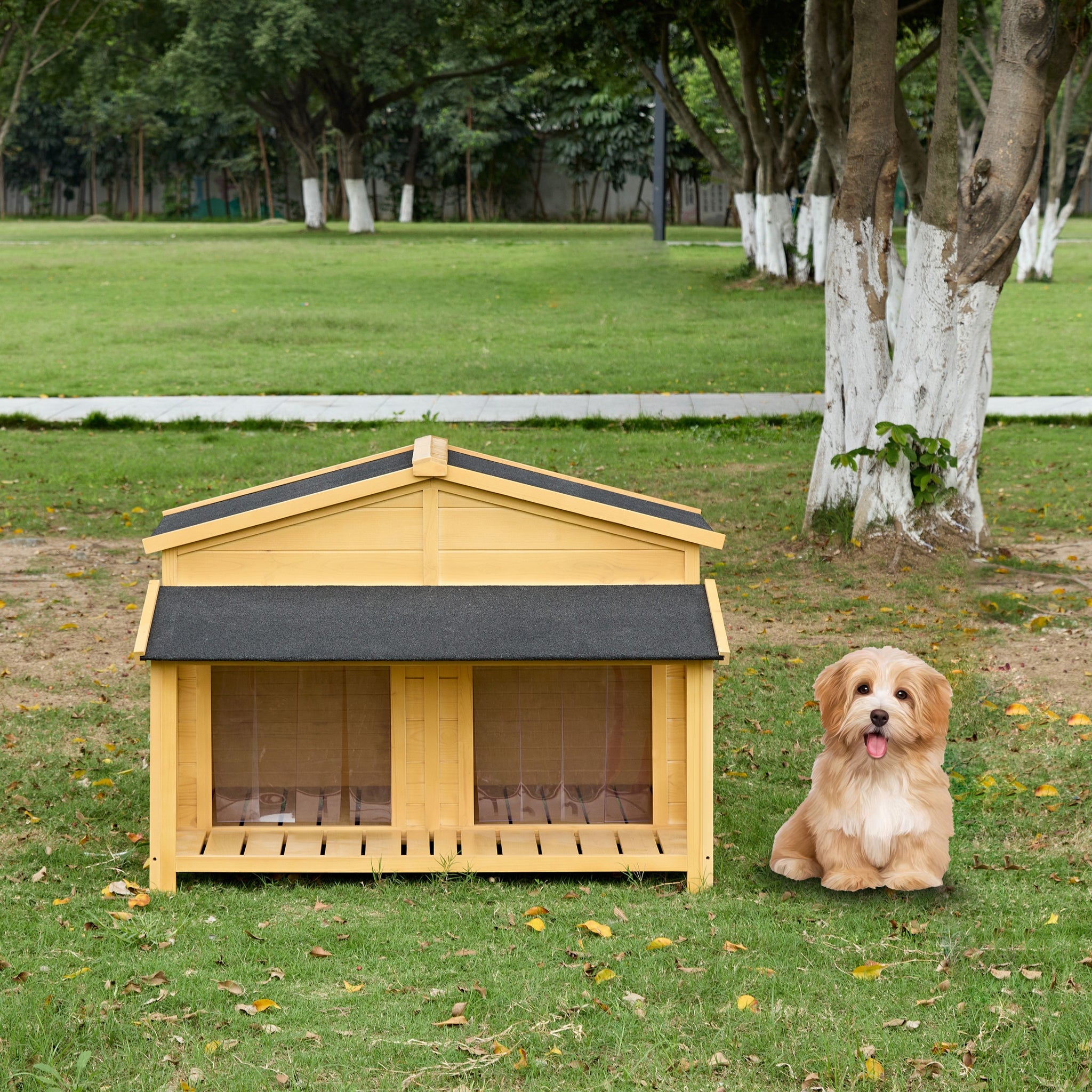 Dog House, Waterproof Dog Cage Kennel, Wooden Outdoor And Indoor Dog House, Raised Pet Kennel For Medium Dogs, Log Cabin Style With Porch,Elevated Floor,Asphalt Roof, 2 Doors, Pine Wood Natural Natural Dog Medium 26 40 Lbs Pine