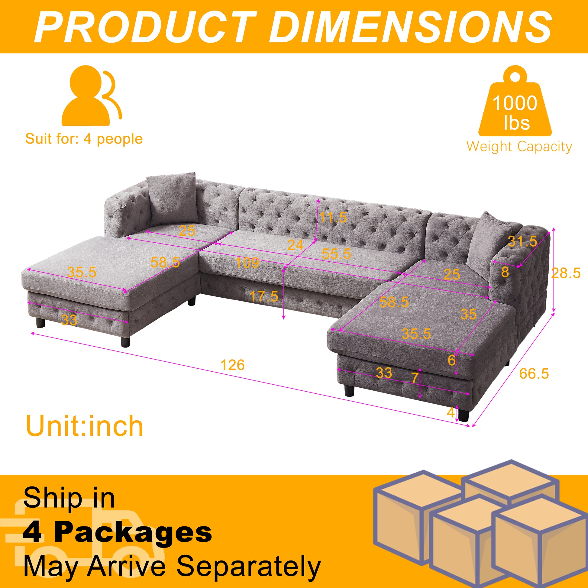 126 Inch Modern Style Chenille Three Piece Sofa, Pull Point Design U Shaped Sofa Two Chaise Longue Seats, Two Pillows And Plastic Feet, Suitable For Living Room, Bedroom, Lounge And Projection Room