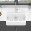 White Farmhouse Sink Workstation 33 Inch White Ceramic Double Bowl Farm Kitchen Sink White Ceramic