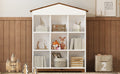 House Shaped Storage Rack With Nine Storage Compartments, Three Layer Bookshelf With Colorblock Design, White Brown Brown White Particle Board