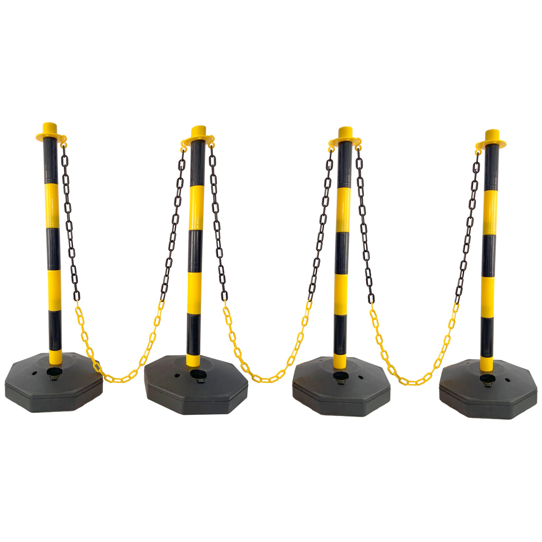 4 Pack Traffic Delineator Post Cones With Fillable Base, Adjustable Plastic Safety Barrier With 5Ft Plastic Chain, Outdoor And Indoor Crowd Control Stanchion For Traffic Control And Warning Y B Yellow Black Plastic